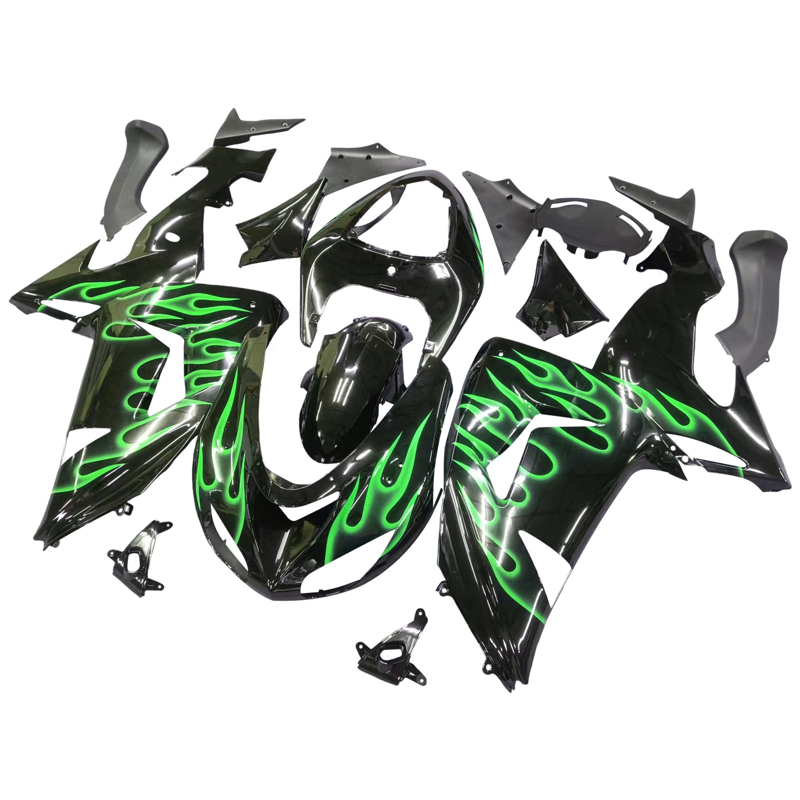Amotopart 2006 2007 Kawasaki ZX10R Fairing Green Flames Kit