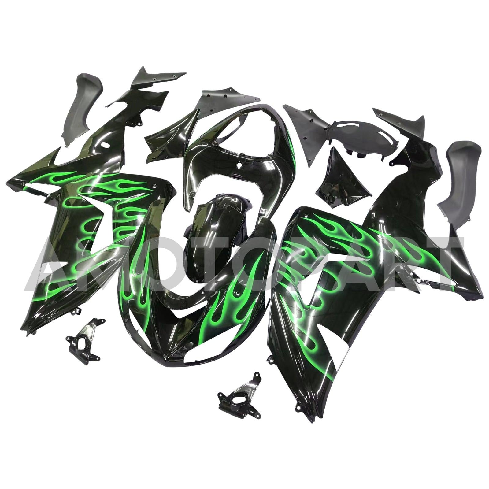 Amotopart 2006 2007 Kawasaki ZX10R Fairing Green Flames Kit