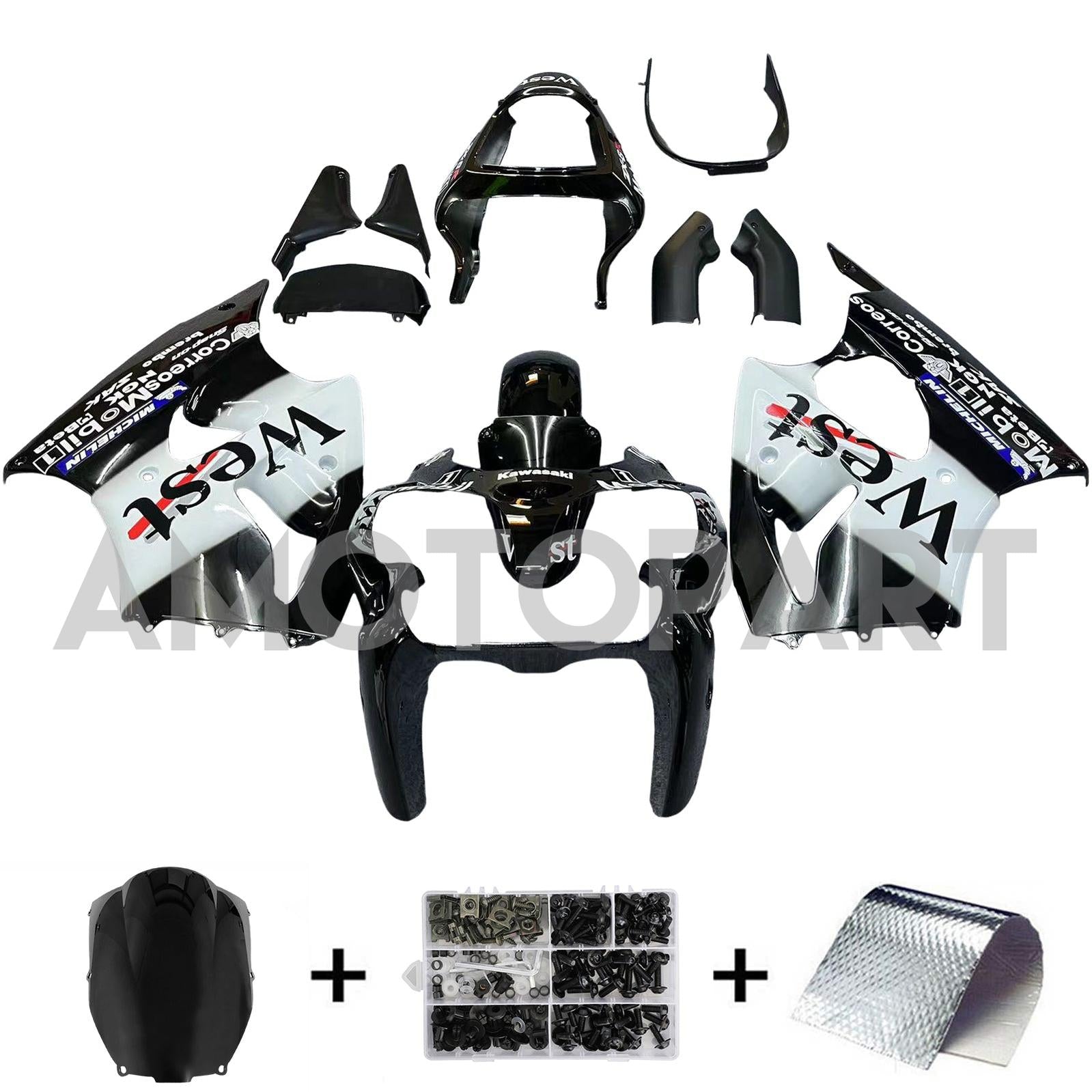 AMOTOPART KAWASAKI 2000-2002 ZX6R 636/ZZR600 2005-2008 FACLING SVART & HVID KIT