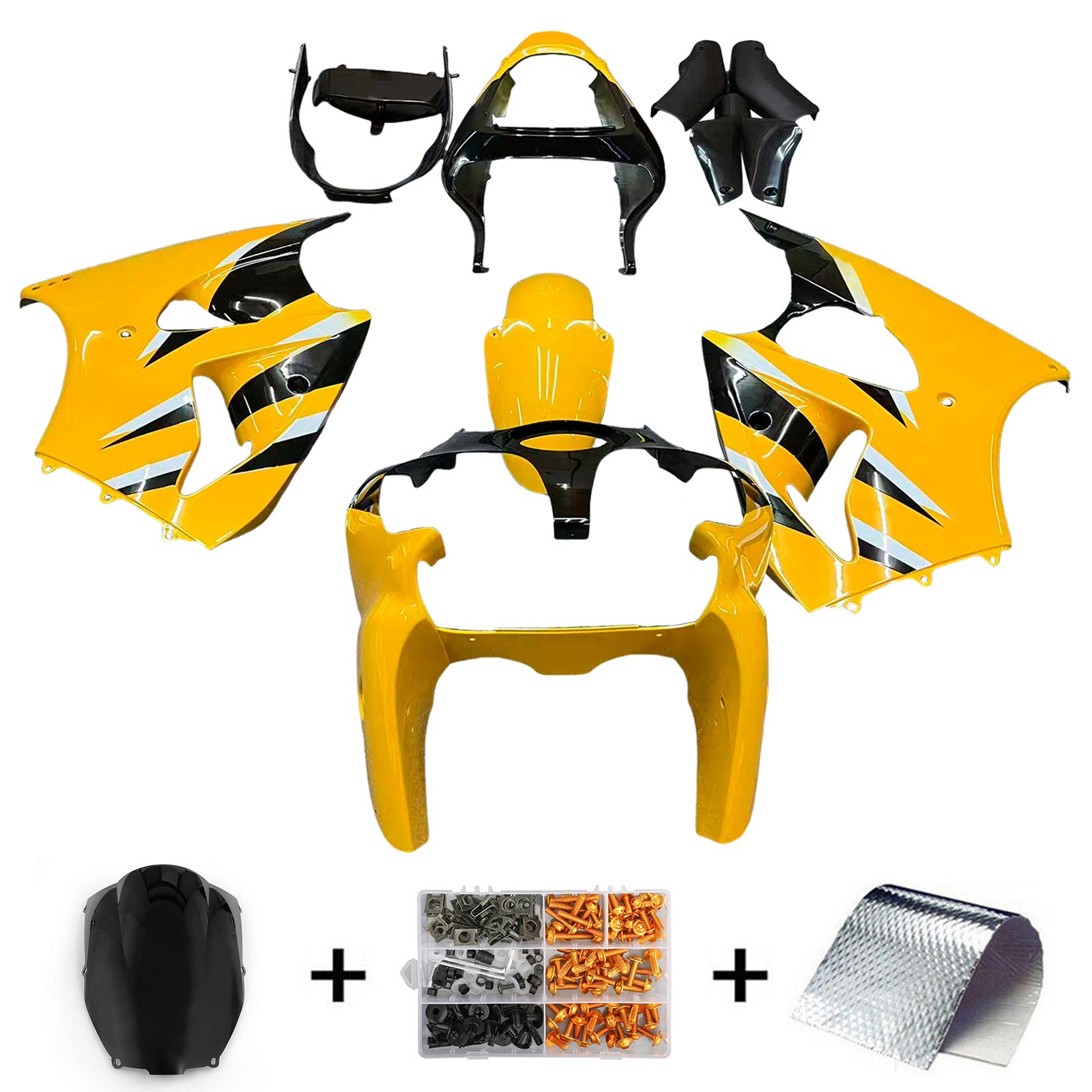 Amotopart 2000-2002 Kawasaki ZX6R 636 2005-2008 Kawasaki ZZR600 Yellow Black Fairing Kit