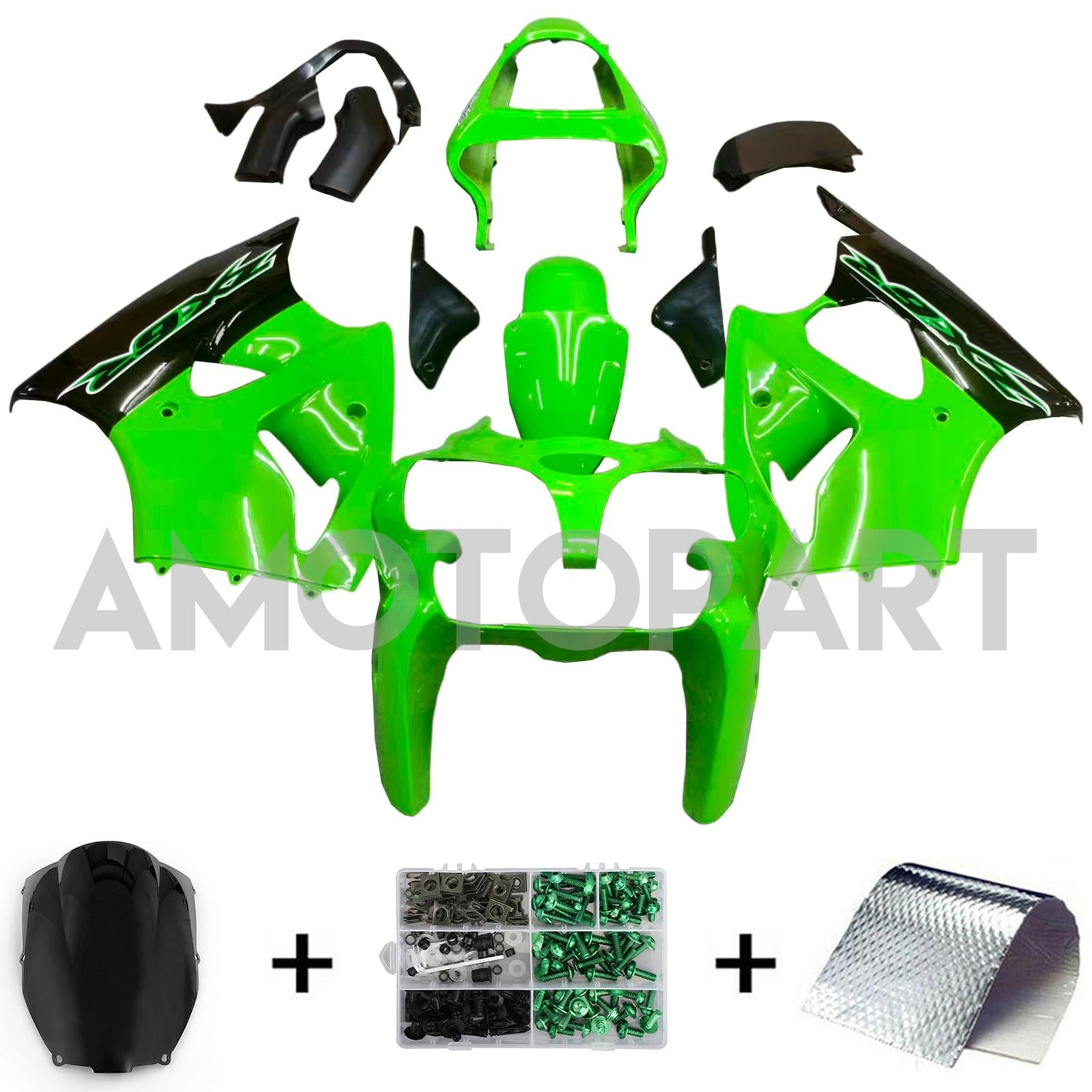 Amotopart Kawasaki 2000-2002 Zx6R 636/ZZR600 2005-2008 Fairing Gloss Green Kit