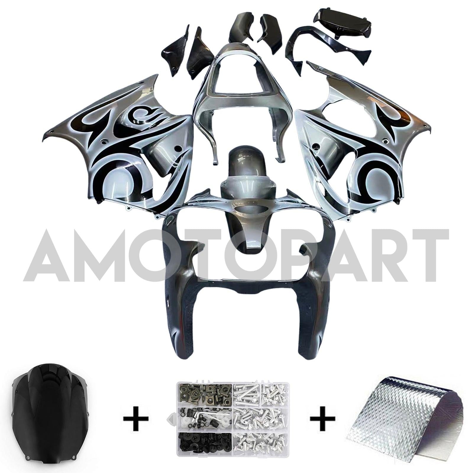 Amotopart 2000-2002 Kawasaki ZX6R 636 & 2005-2008 Kawasaki ZZR600 Grey Silver Fairing Kit