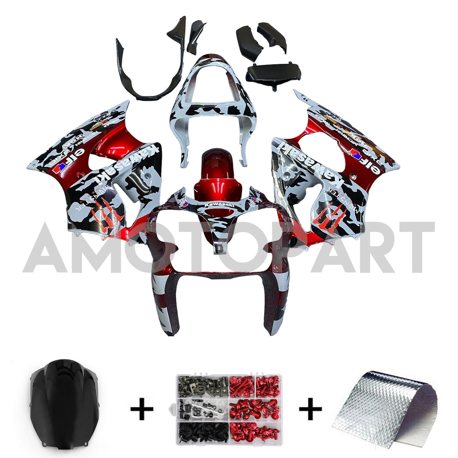 Amotopart 2000-2002 Kawasaki ZX6R 636 & 2005-2008 Kawasaki ZZR600 Red Grey & Logo Fairing Kit