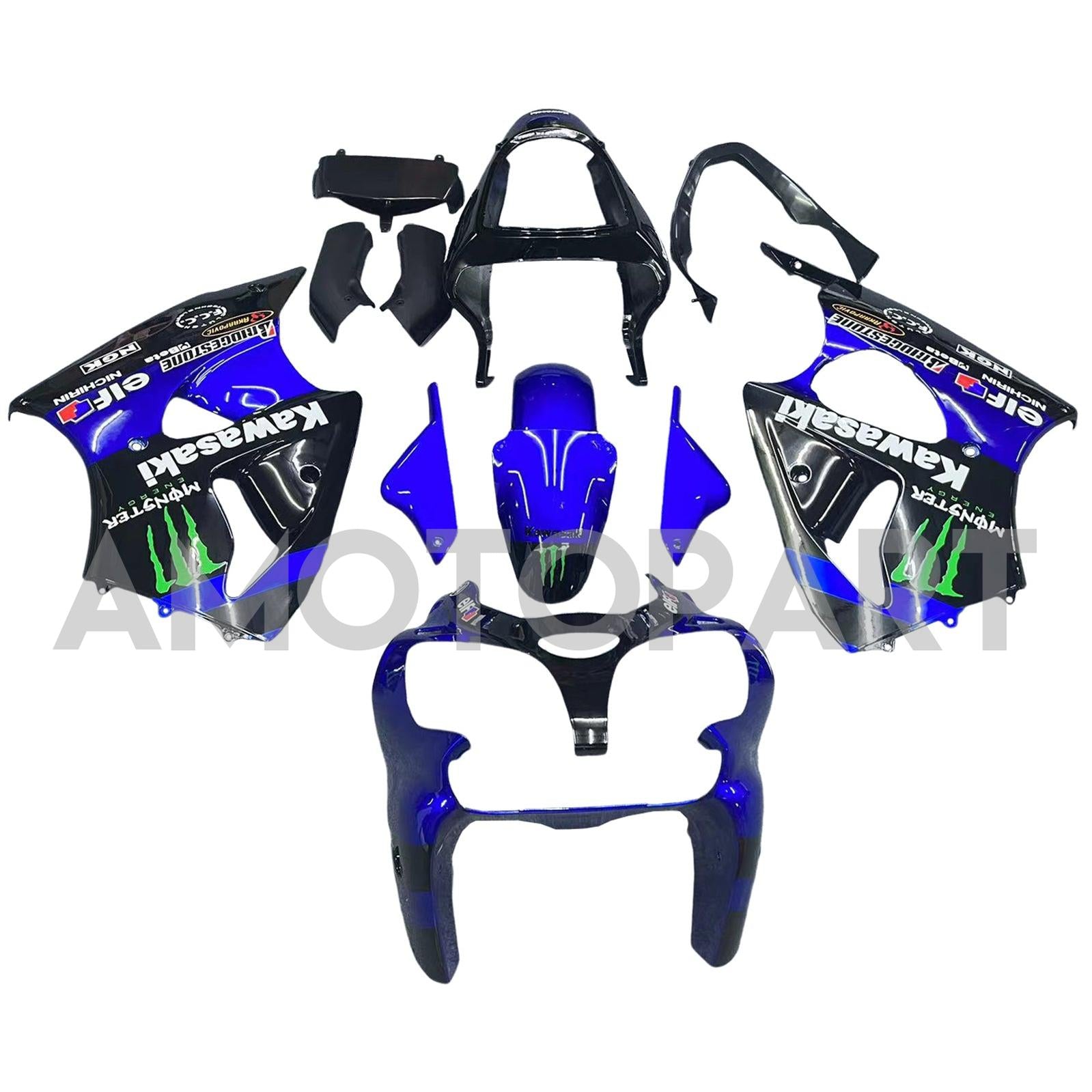 Amotopart 2000-2002 Kawasaki ZX6R 636 & 2005-2008 Kawasaki ZZR600 Glossy Black Blue Fairing Kit