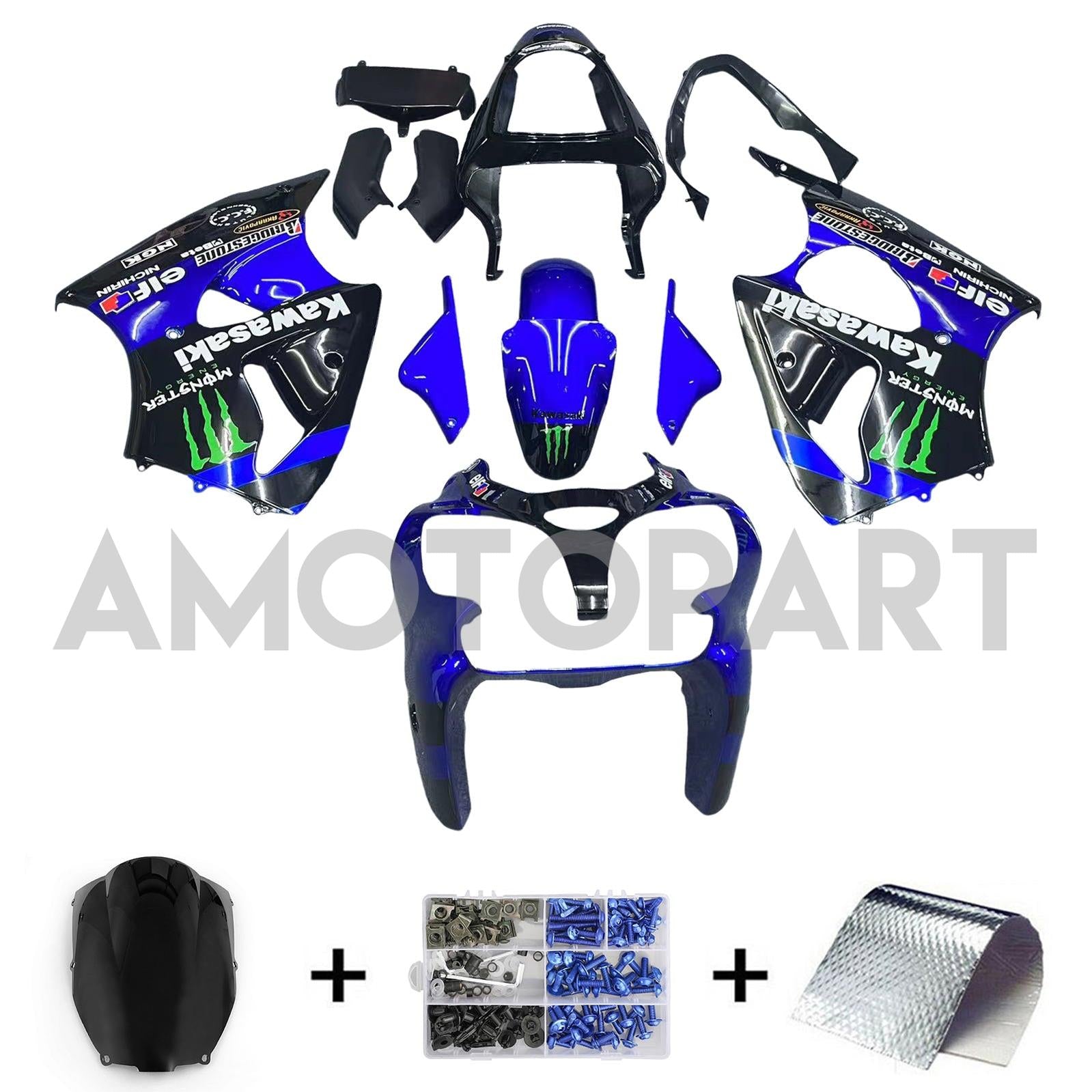 Amotopart 2000-2002 Kawasaki ZX6R 636 & 2005-2008 Kawasaki ZZR600 Glossy Black Blue Fairing Kit