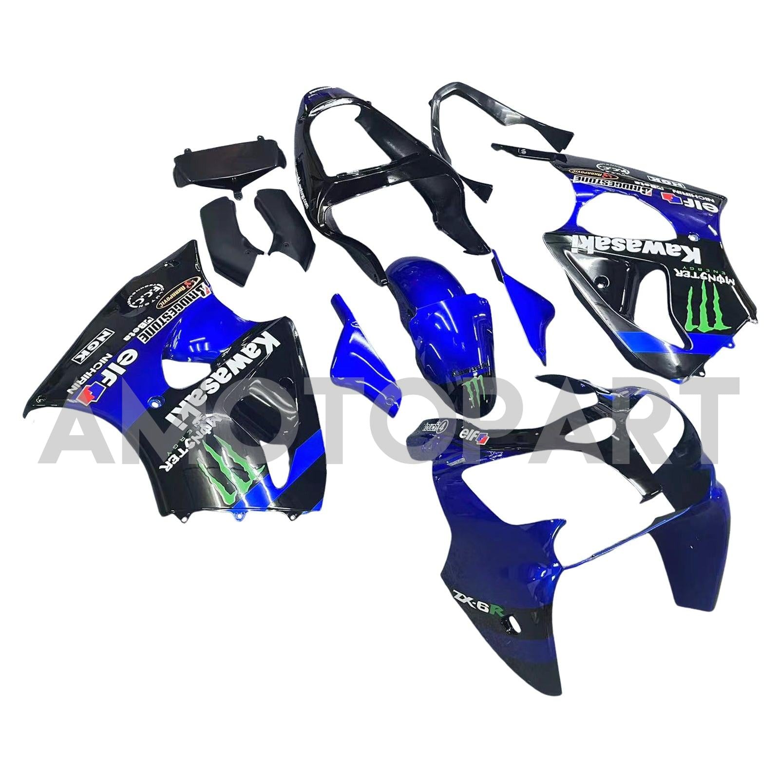 Amotopart 2000-2002 Kawasaki ZX6R 636 & 2005-2008 Kawasaki ZZR600 Glossy Black Blue Fairing Kit