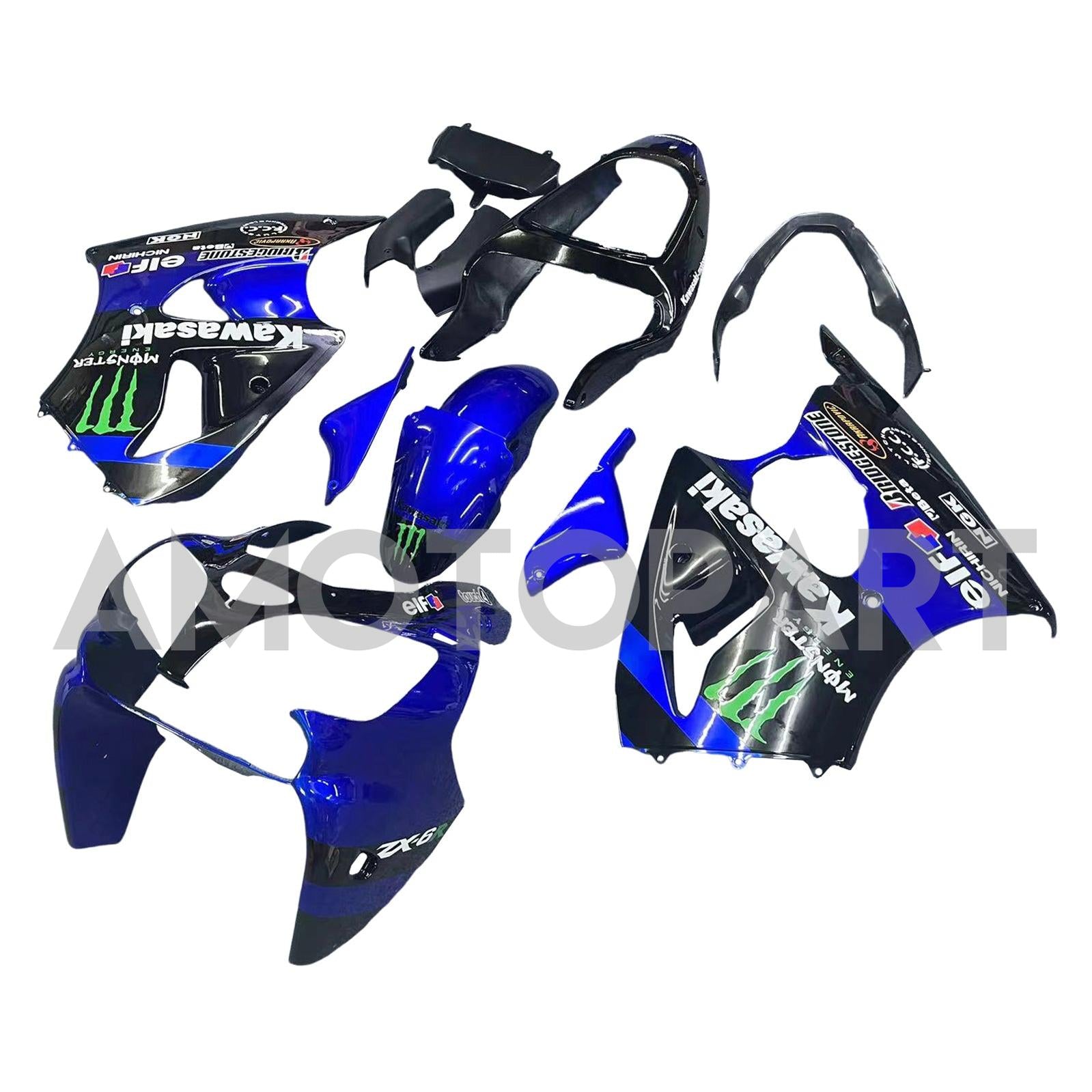 Amotopart 2000-2002 Kawasaki ZX6R 636 & 2005-2008 Kawasaki ZZR600 Glossy Black Blue Fairing Kit