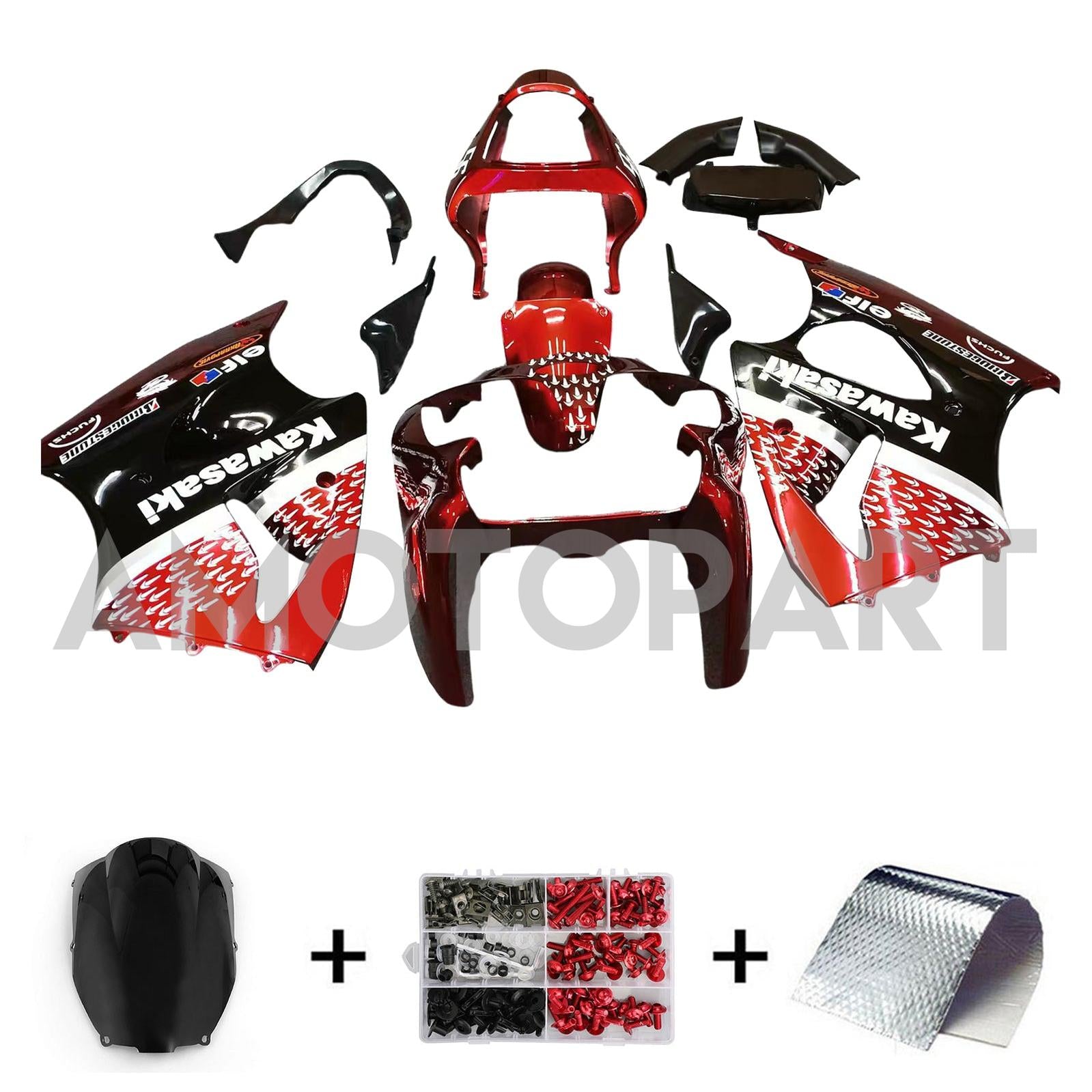 Amotopart 2000-2002 Kawasaki ZX6R 636 & 2005-2008 Kawasaki ZZR600 Red Black & Logo Fairing Kit