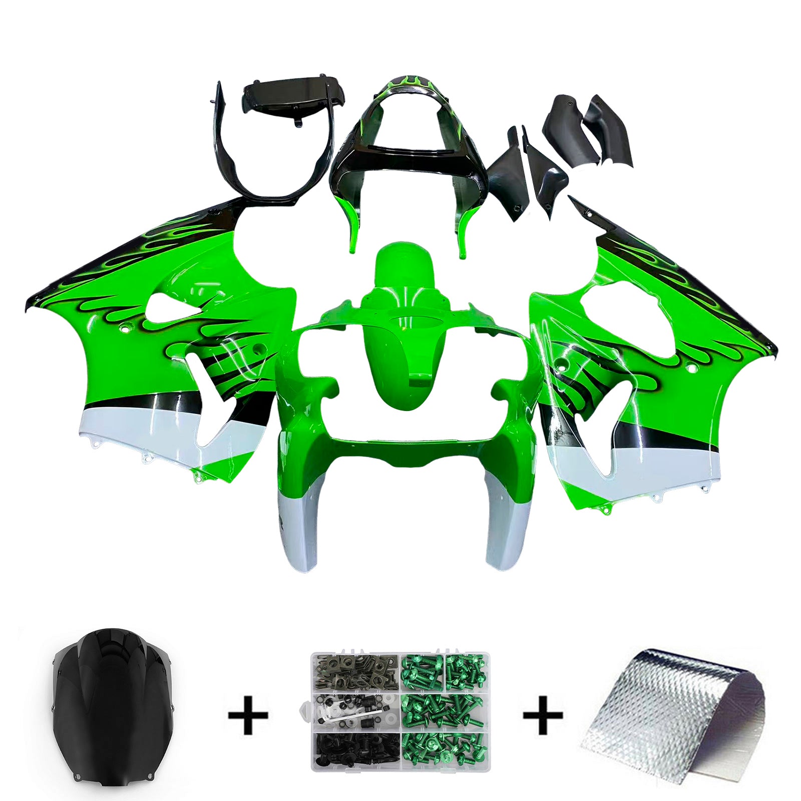 Amotopart 2000-2002 Kawasaki ZX6R 636 & 2005-2008 Kawasaki ZZR600 Black Light Green Fairing Kit