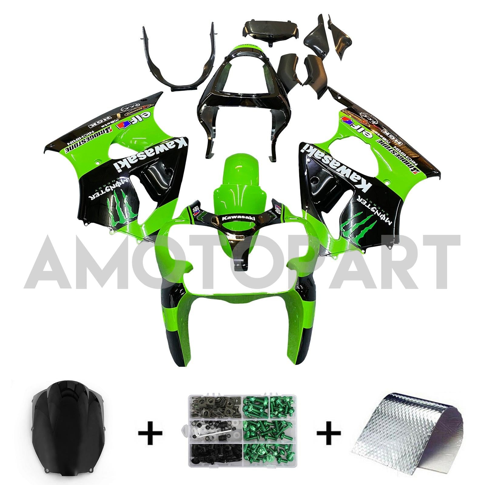 Amotopart 2000–2002 Kawasaki ZX6R 636 & 2005–2008 Kawasaki ZZR600, grünes Verkleidungsset