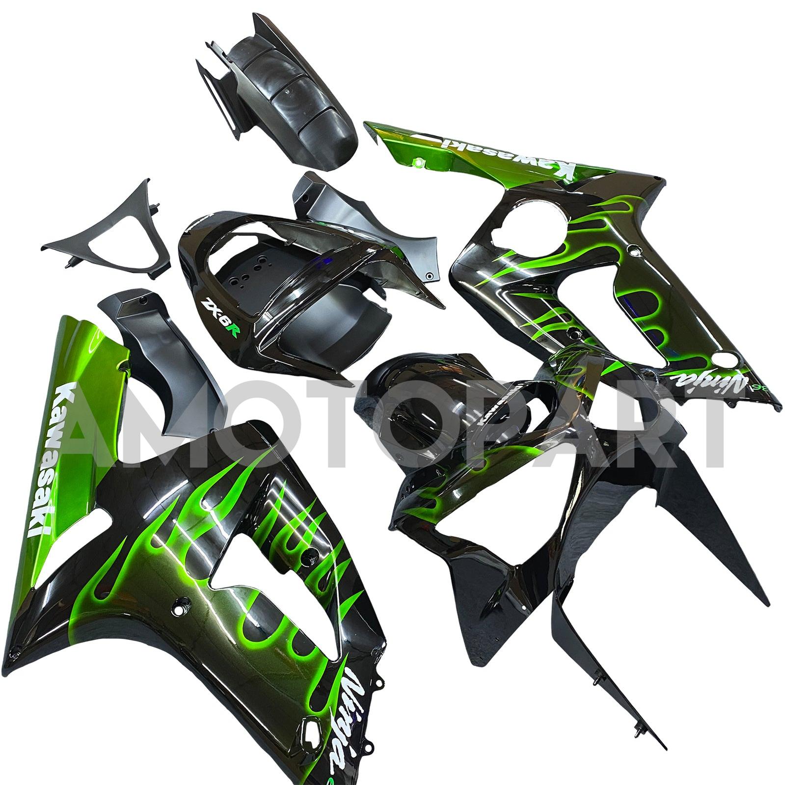 Amotopart 2003-2004 Kawasaki ZX6R kuien Black & Green Flame Kit