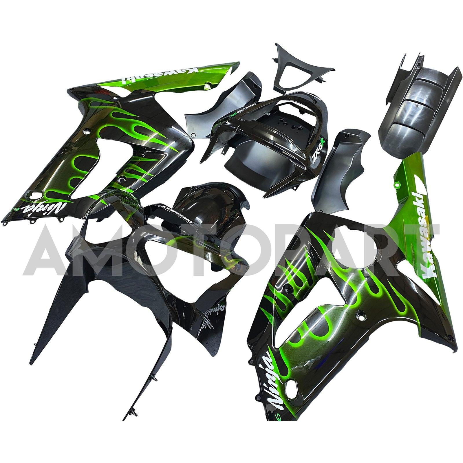 Amotopart 2003-2004 Kawasaki ZX6R kuien Black & Green Flame Kit
