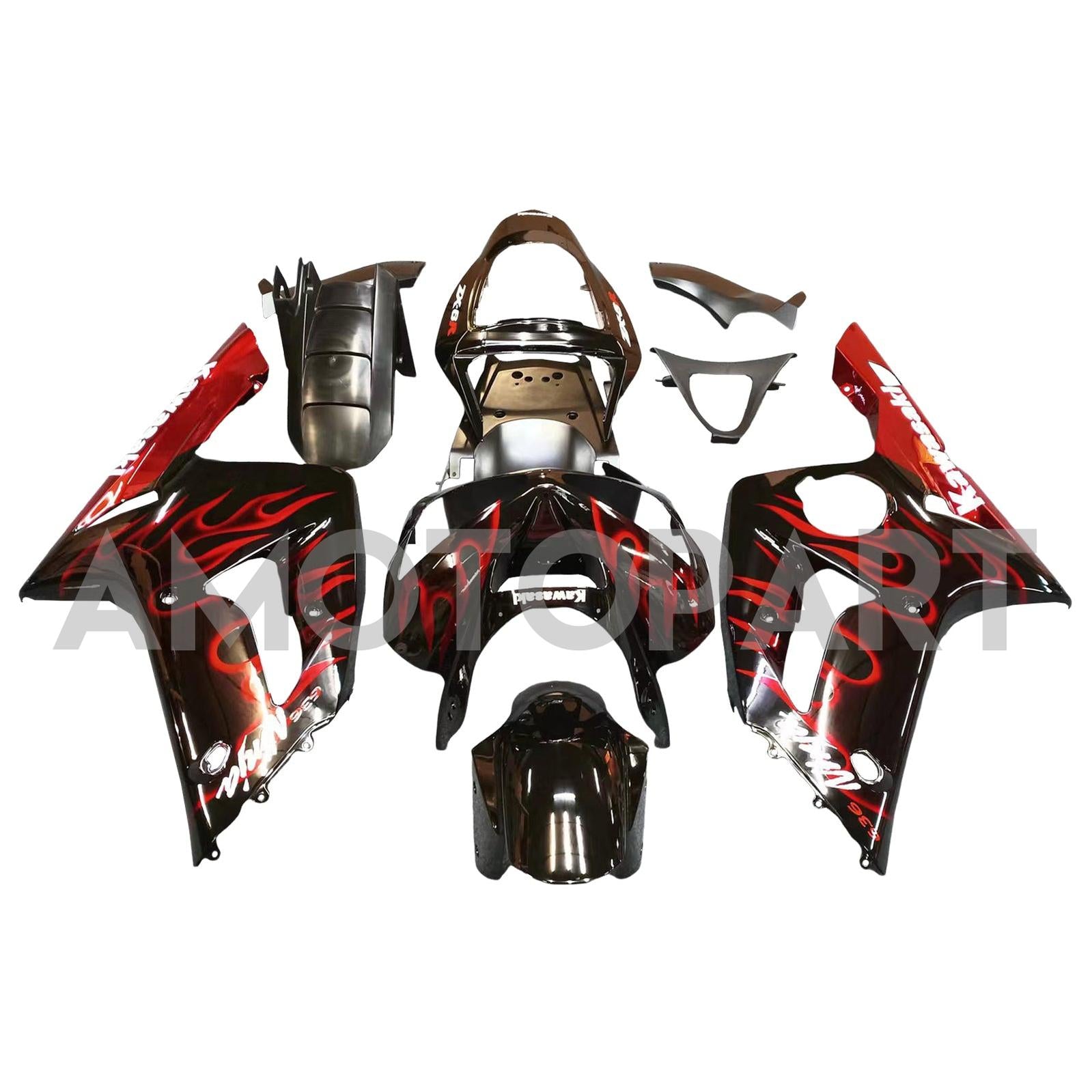 Amotopart 2003-2004 Kawasaki ZX6R Verkleidung schwarz mit rotem Flammen-Kit
