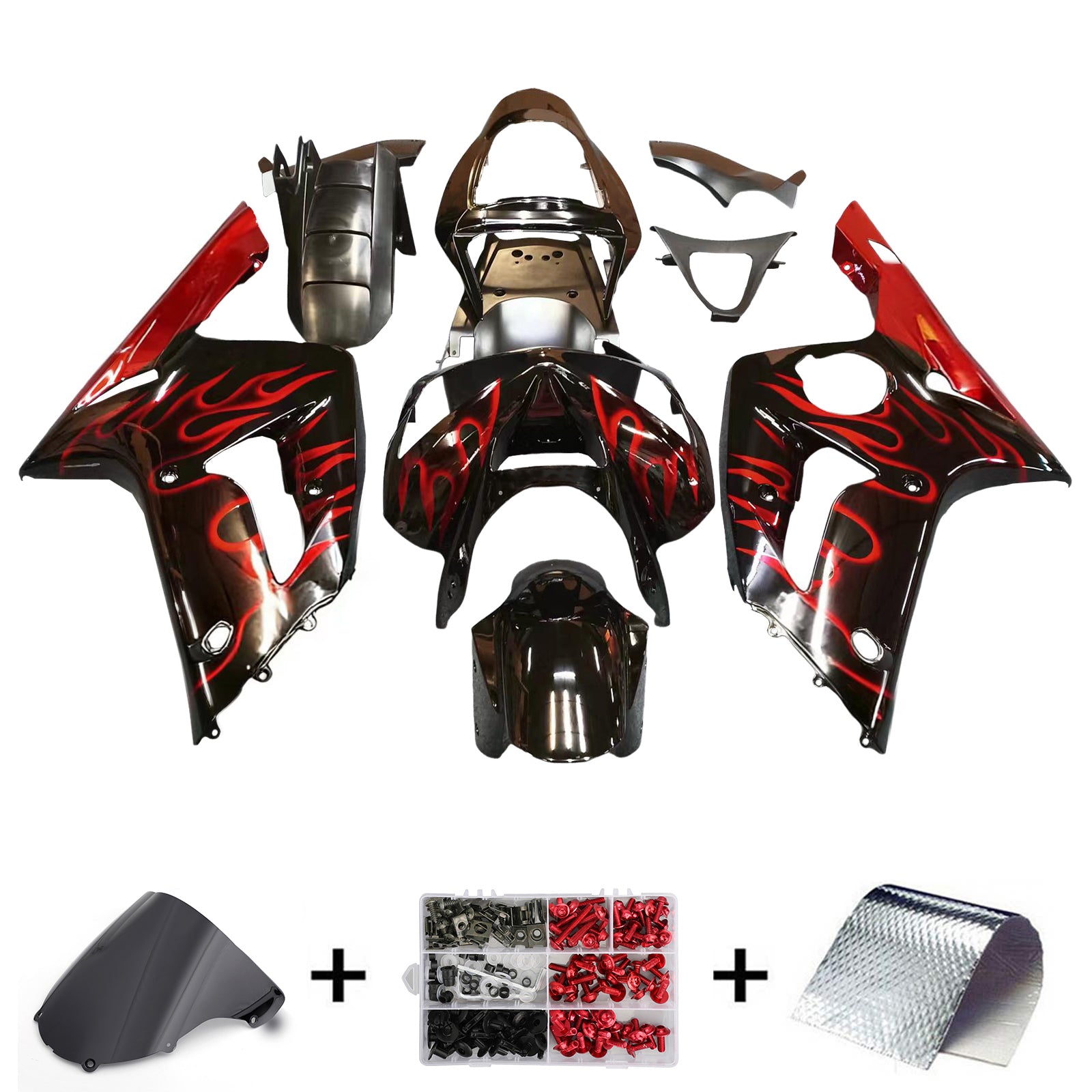 Amotopart 2003-2004 Kawasaki ZX6R Fairing Black with Red Flame Kit