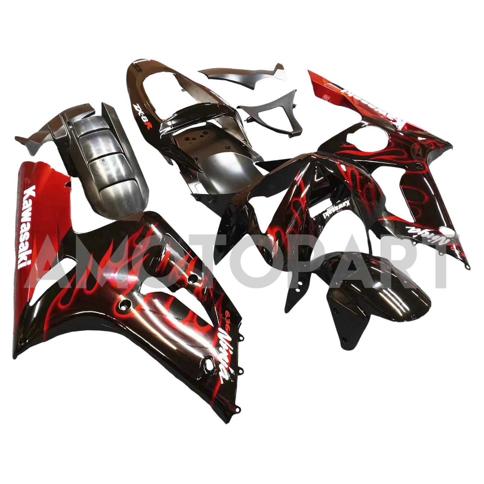 Amotopart 2003-2004 Kawasaki ZX6R Verkleidung schwarz mit rotem Flammen-Kit