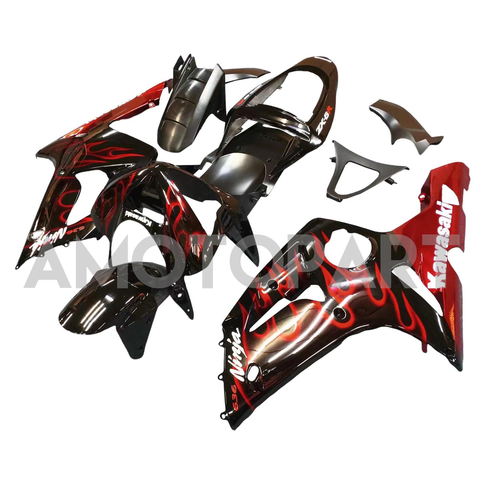 Amotopart 2003-2004 Kawasaki ZX6R Verkleidung schwarz mit rotem Flammen-Kit