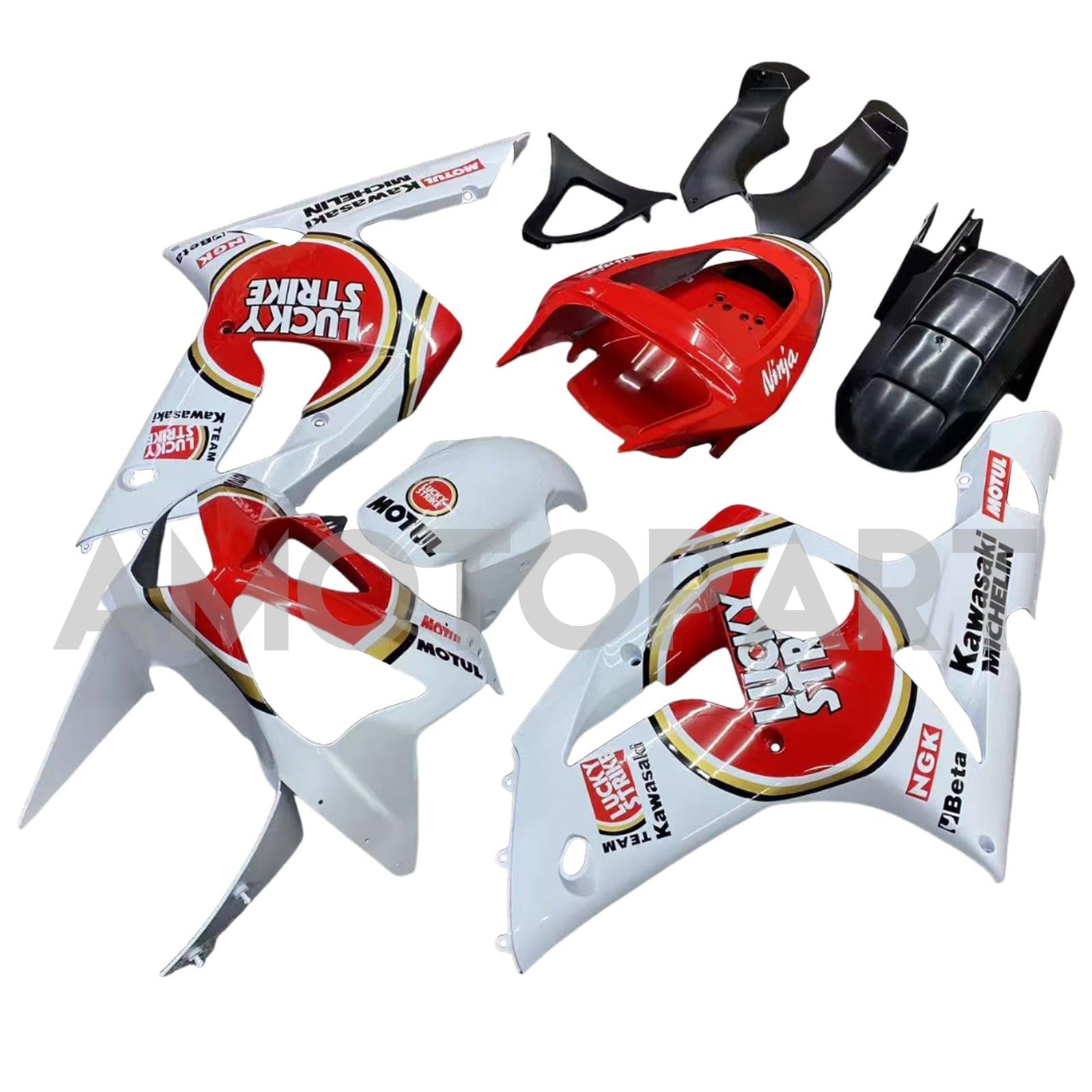 Amotopart 2003-2004 Kawasaki ZX6R Fairing Multi White&Red Kit