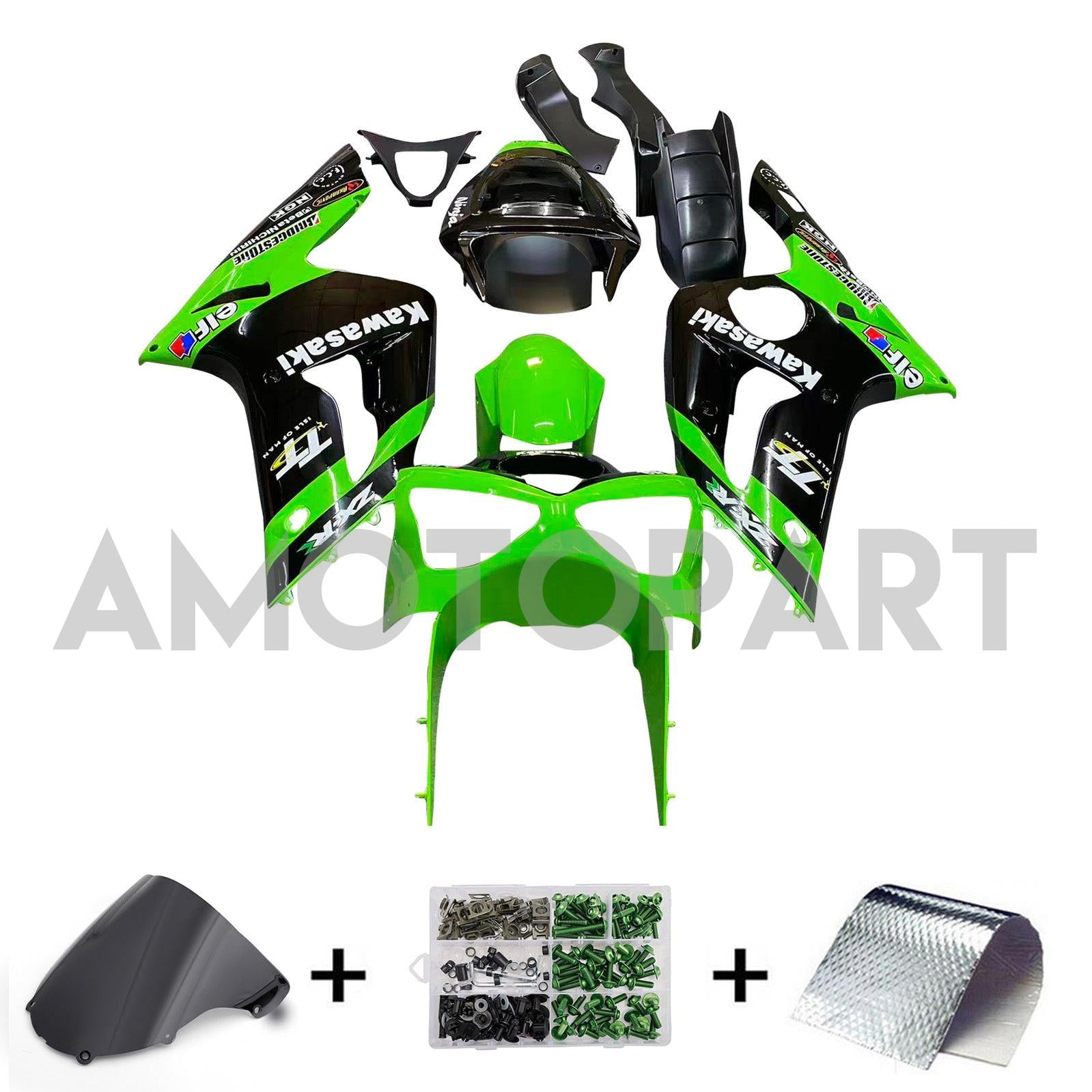Amotopart 2003-2004 Kawasaki ZX6R Verkleidung Grün&Schwarzes Set