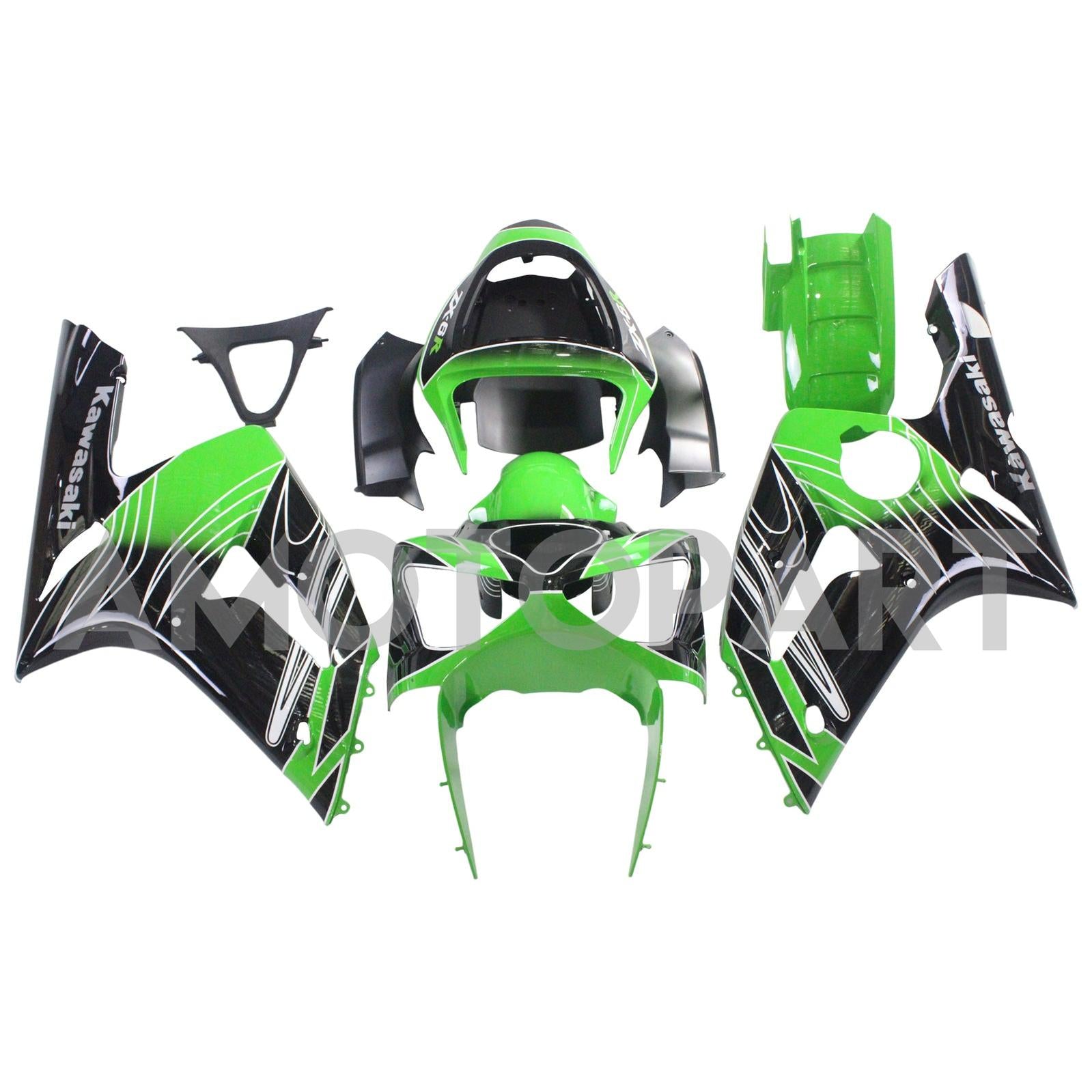 Amotopart 2003-2004 Kawasaki Zx6R 636 Black Green Fairing Kit