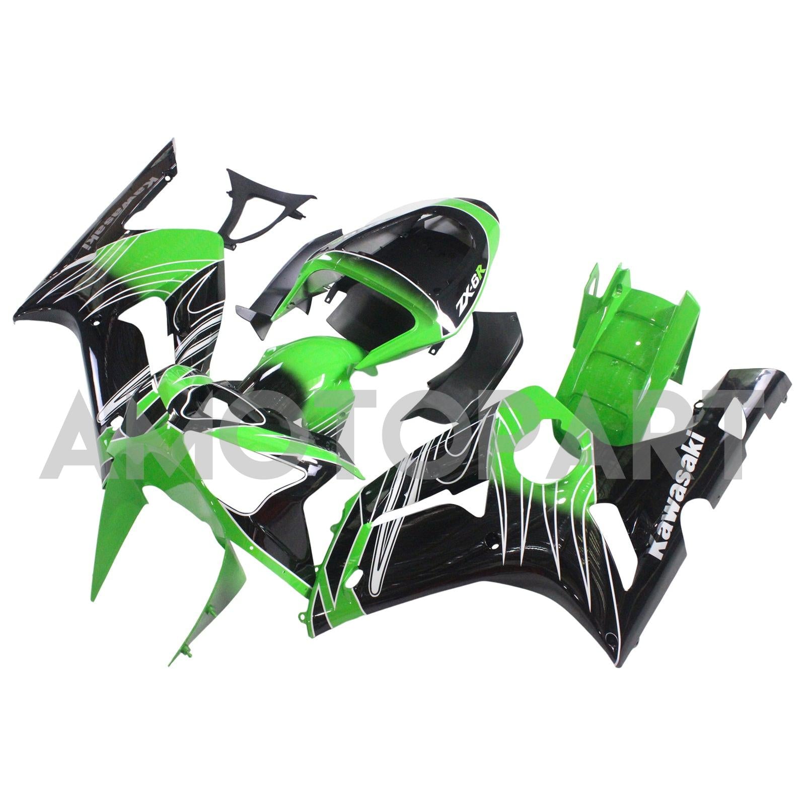 Amotopart 2003-2004 Kawasaki Zx6R 636 Black Green Fairing Kit