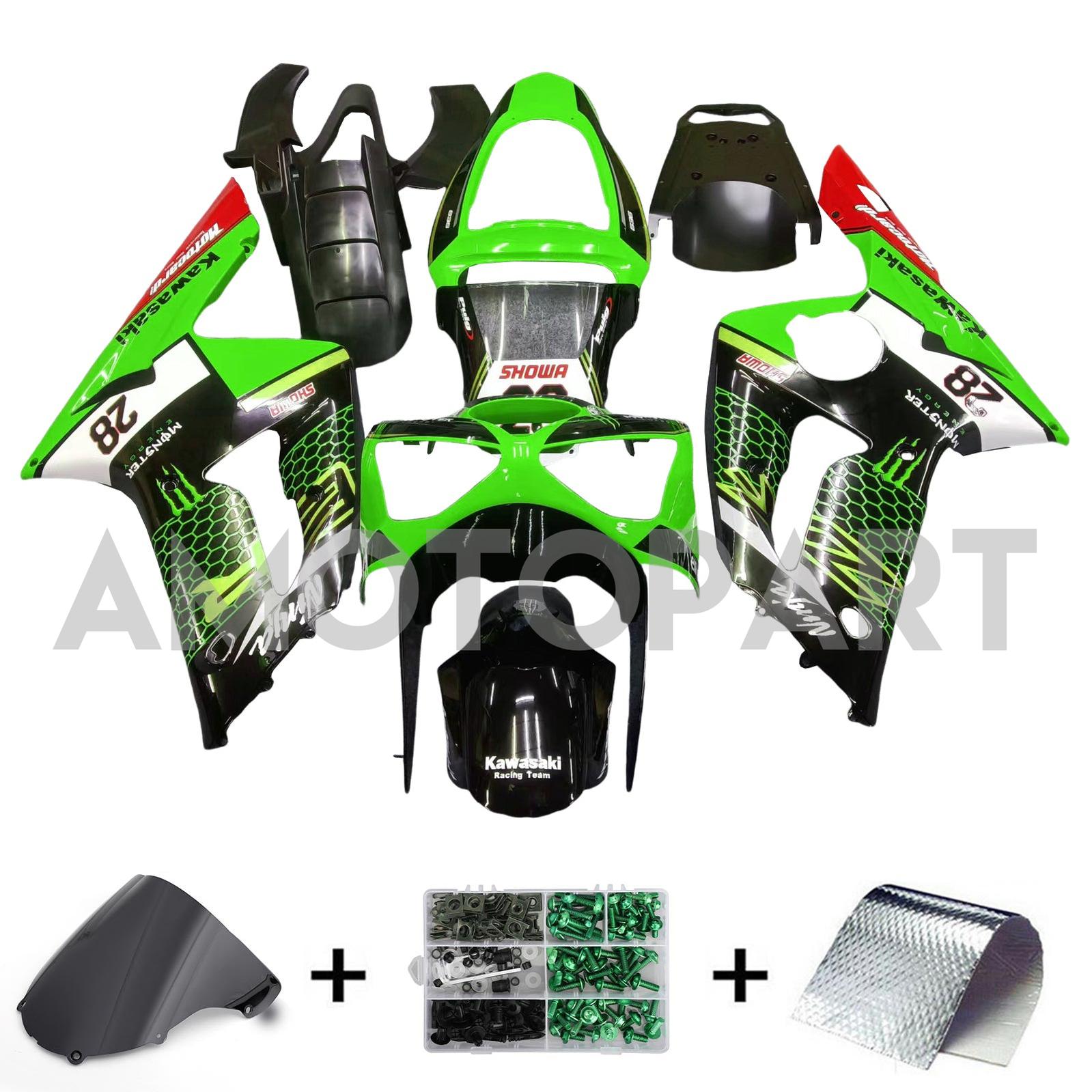 Amotopart 2003-2004 ZX6R 636 Kawasaki Green&Black Style1 Fairing Kit