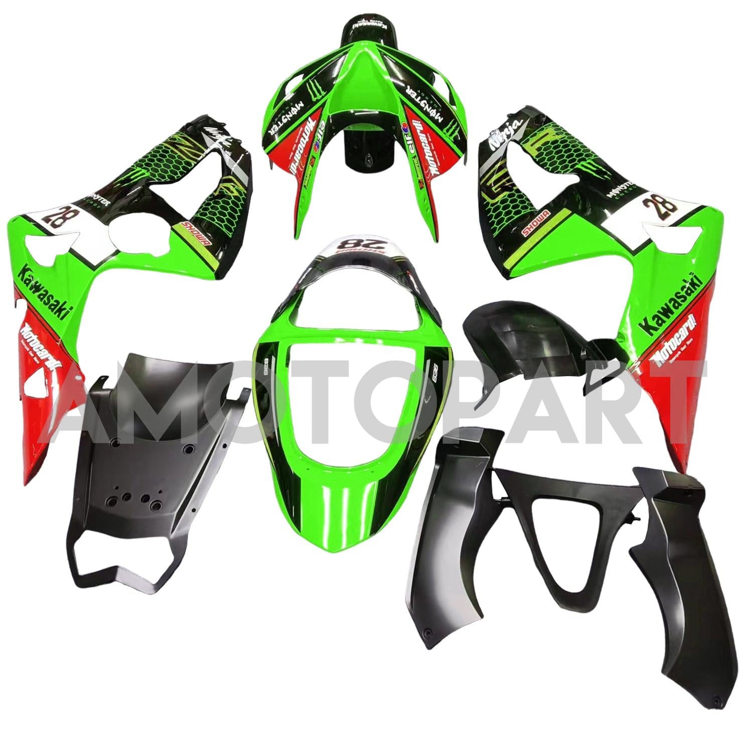 Amotopart 2003-2004 ZX6R 636 Kawasaki Kit carena verde e nero stile 1
