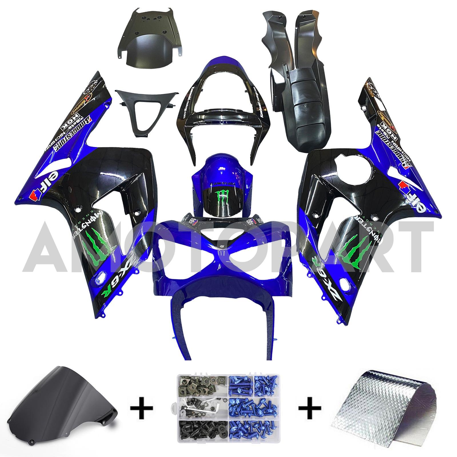 Amotopart 2003–2004 ZX6R 636 Kawasaki Blau&Schwarz mit Monster-Logo-Verkleidungssatz