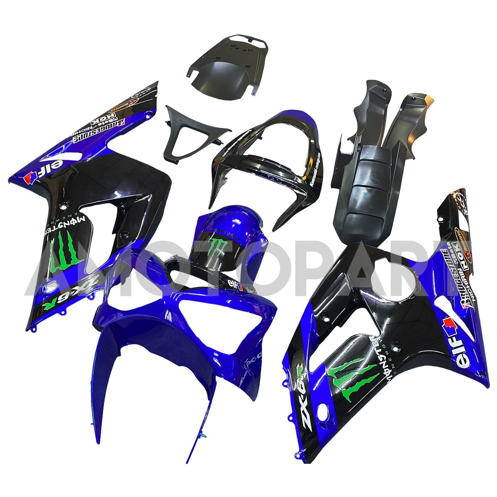 Amotopart 2003-2004 ZX6R 636 Kawasaki ブルー&ブラック モンスターロゴフェアリングキット付き