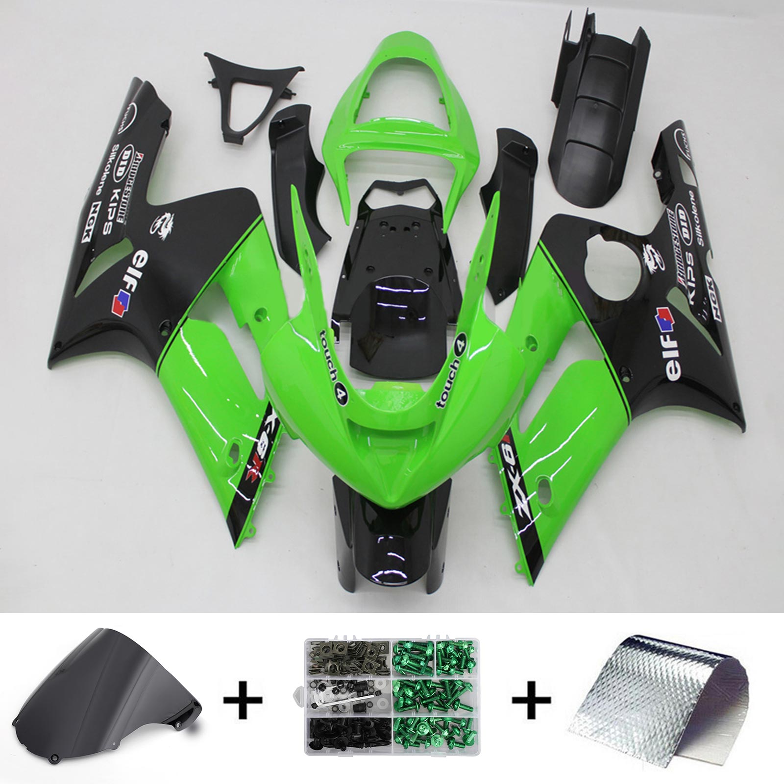 Amotopart 2003-2004 ZX6R 636 Kawasaki Vert&Kit de carénage noir Style3