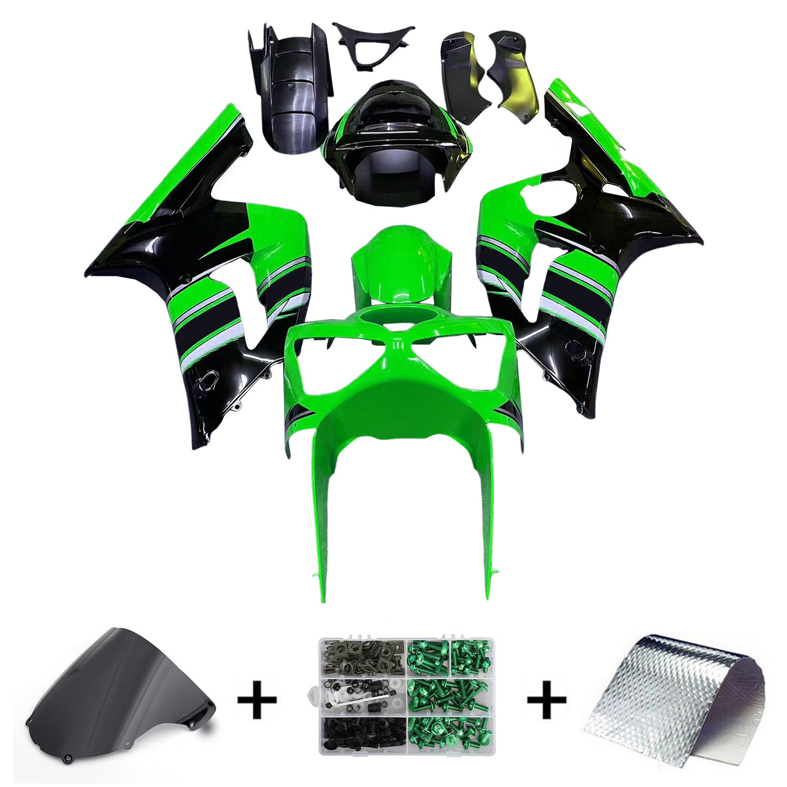 Amotopart 2003-2004 ZX6R 636 Kawasaki Green & Black Style 6 Kairing Kit