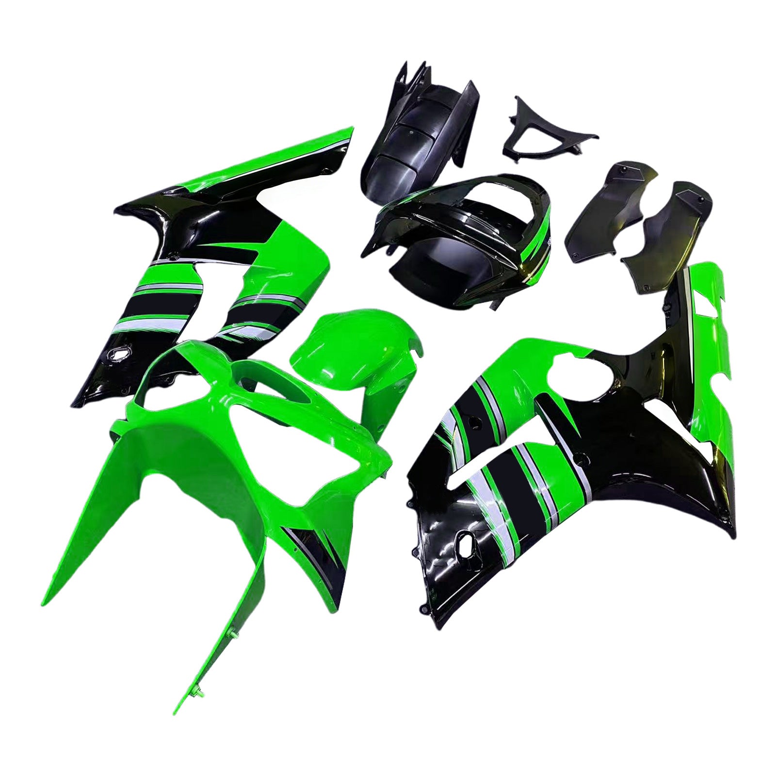 Amotopart 2003-2004 ZX6R 636 Kawasaki Grün&Schwarzes Style6 Verkleidungsset