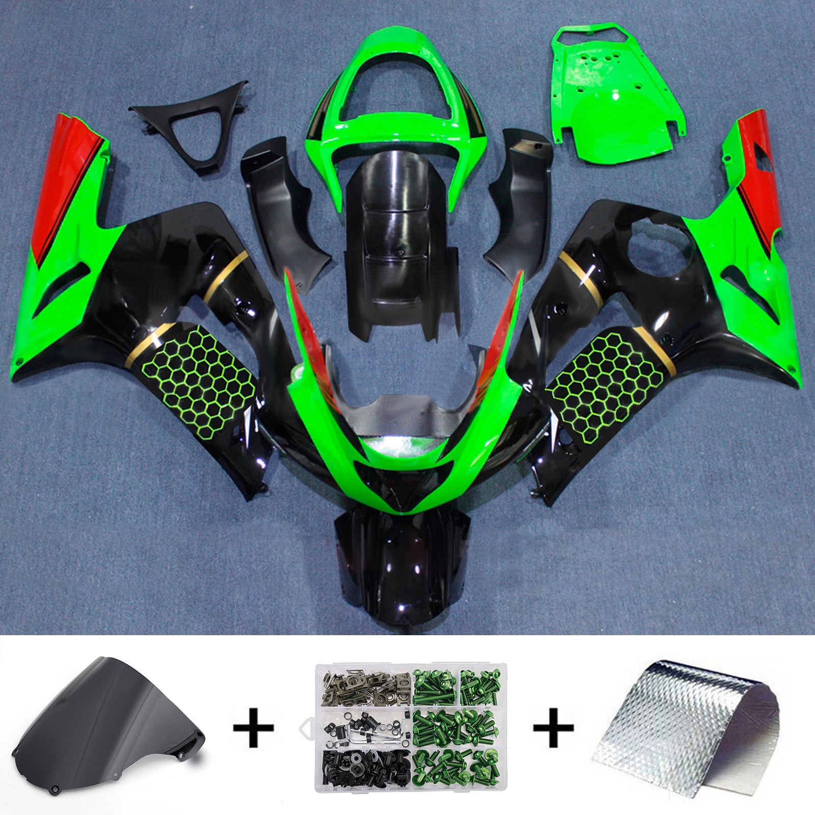 Amotopart 2003-2004 Kawasaki ZX6R 636 Grøn Sort Rød Fairing Kit