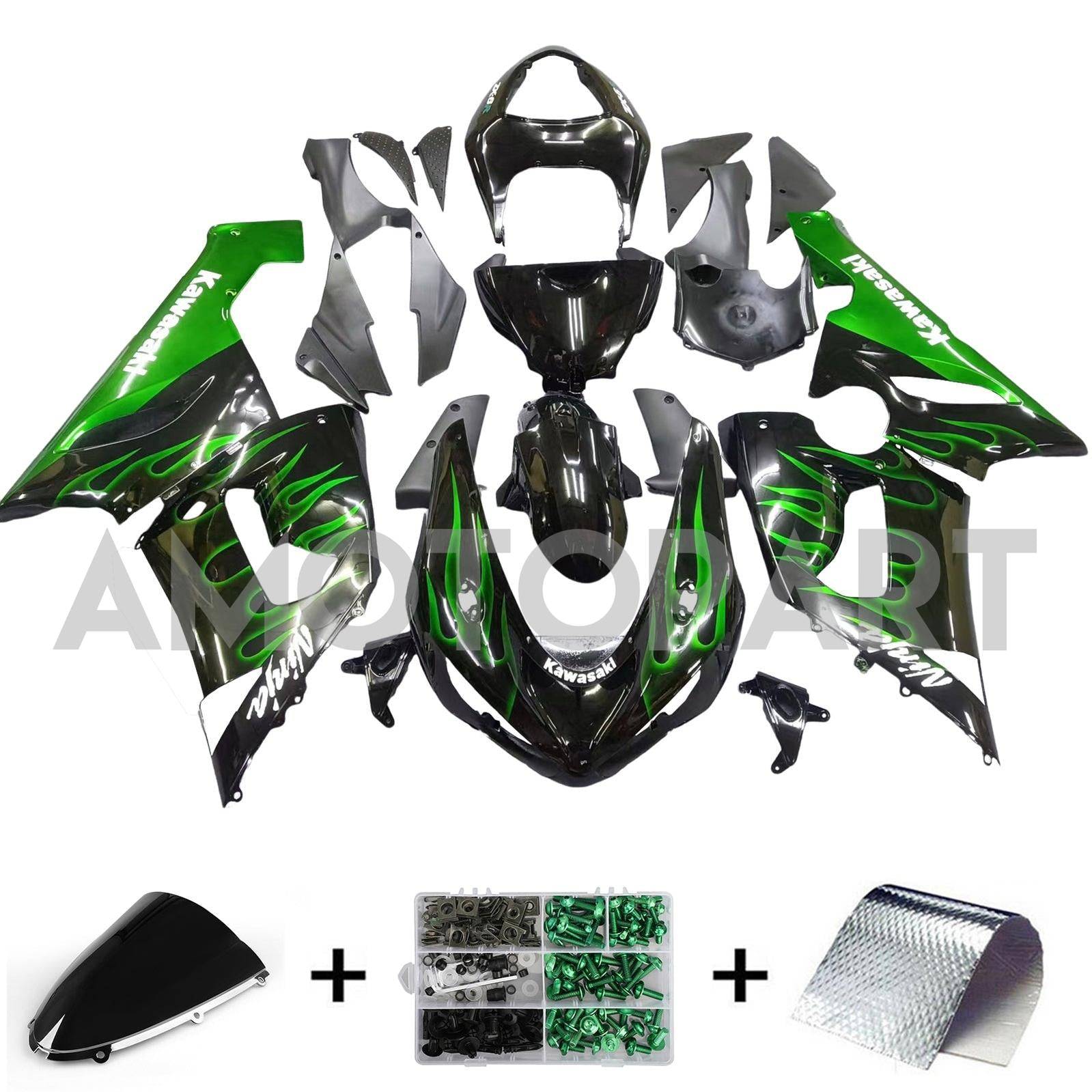 Amotopart 2005-2006 Kawasaki ZX6R 636 Fairing Green & Black Kit