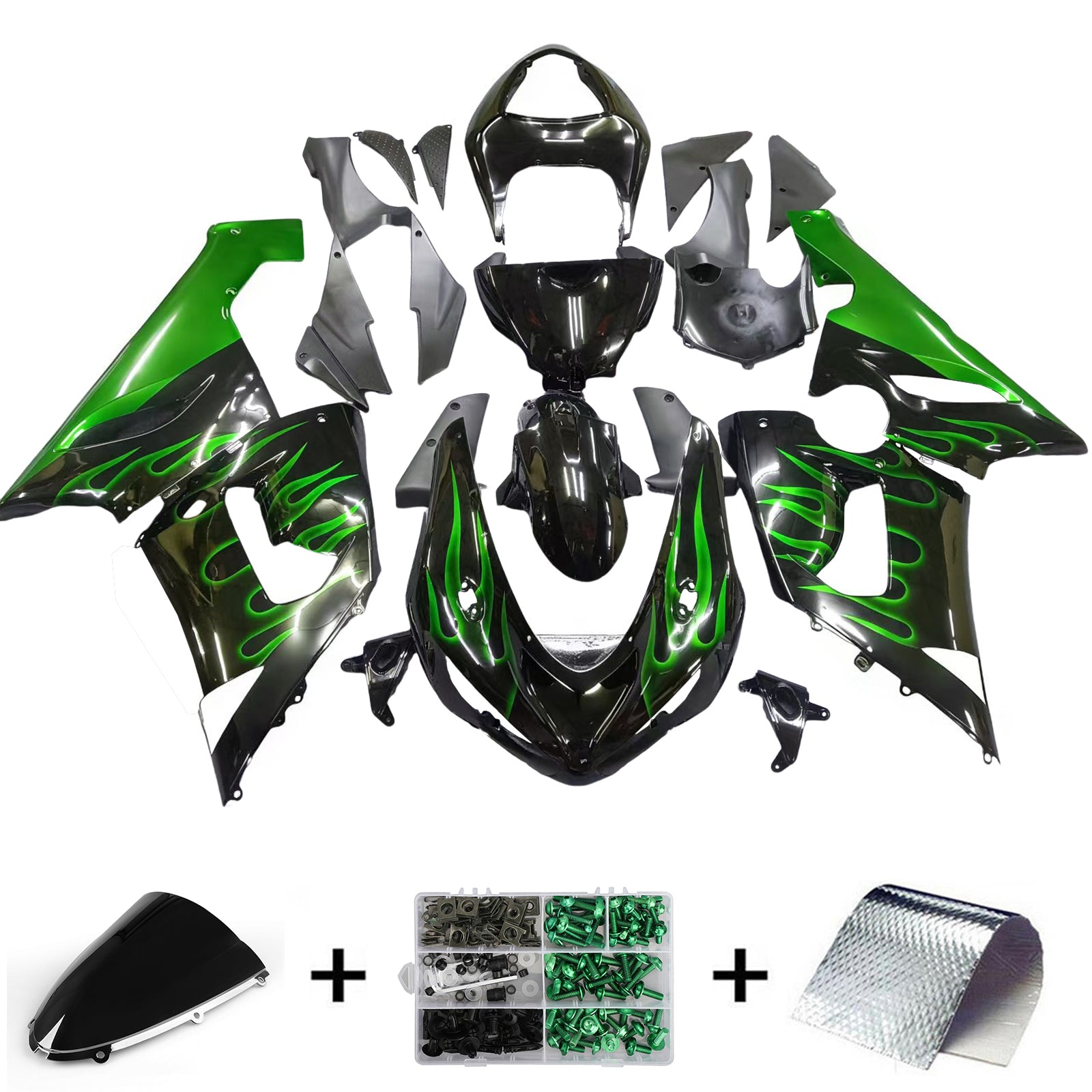 Amotopart 2005-2006 Kawasaki ZX6R 636 Fairing Green&Black Kit