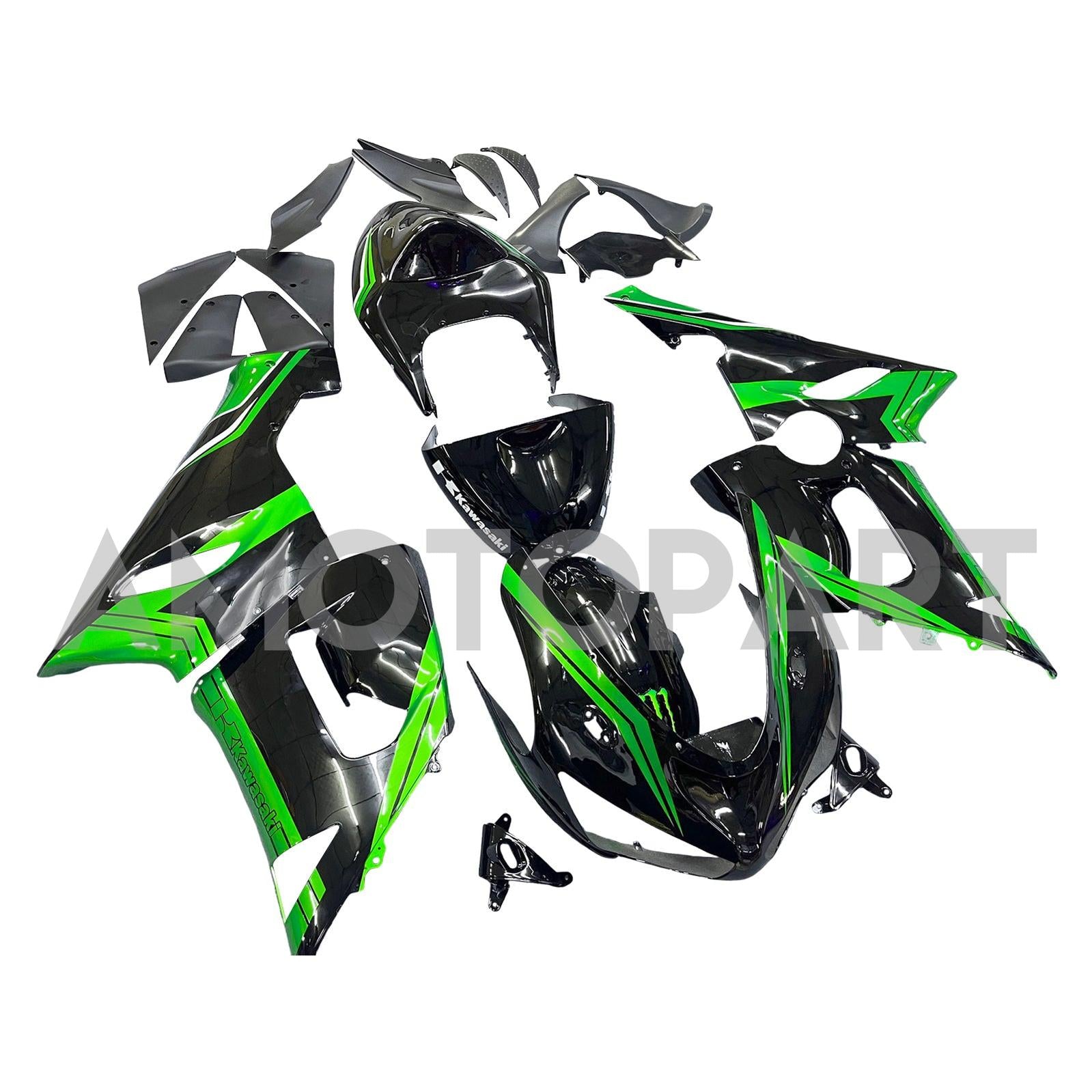 Amotopart 2005–2006 Kawasaki ZX6R 636, Schwarz&Grünes Style1-Verkleidungskit