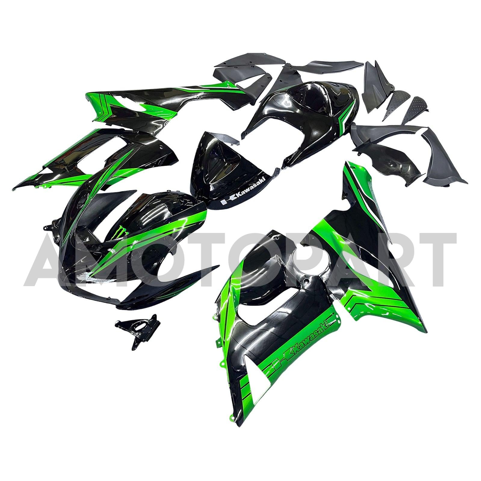 Amotopart 2005–2006 Kawasaki ZX6R 636, Schwarz&Grünes Style1-Verkleidungskit