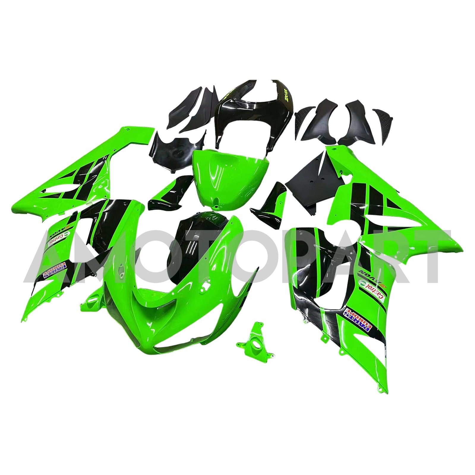 Amotopart 2005-2006 Kawasaki ZX6R 636 Noir&Kit de carénage Green Style2