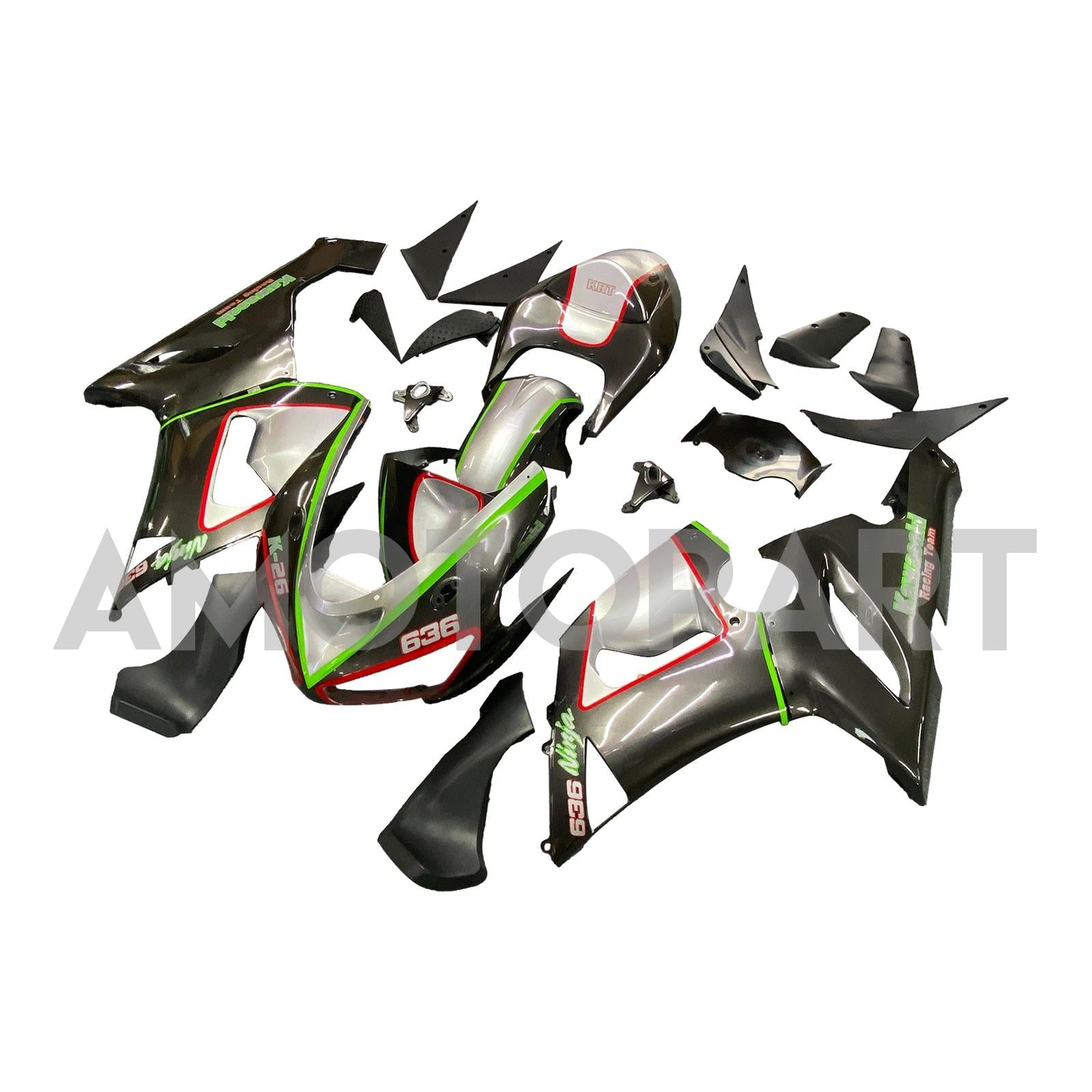 Amotopart Kawasaki 2005-2006 ZX6R 636 Red & Green Line Black Fairing Kit