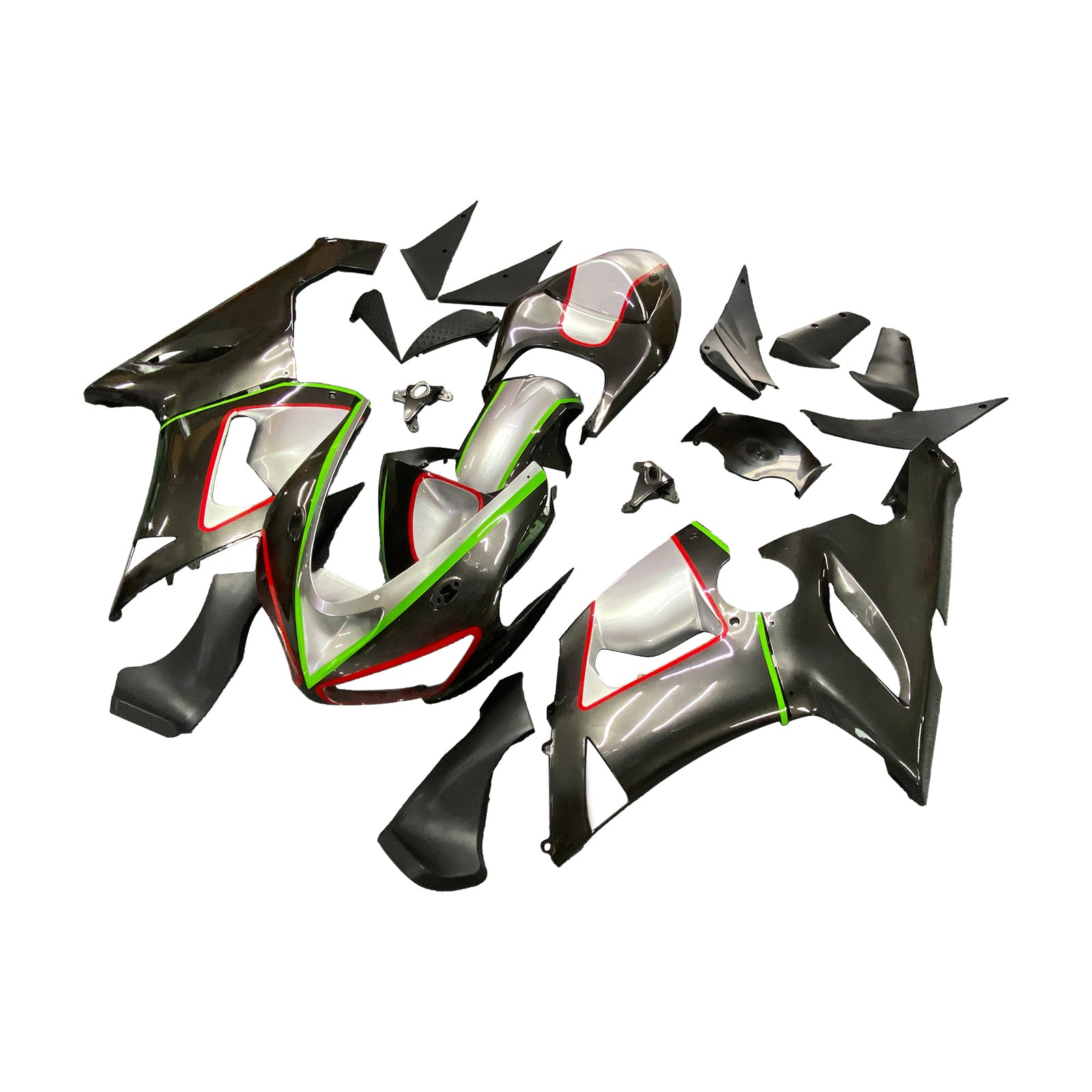 Amotopart Kawasaki 2005-2006 ZX6R 636 Red & Green Line Black Fairing Kit