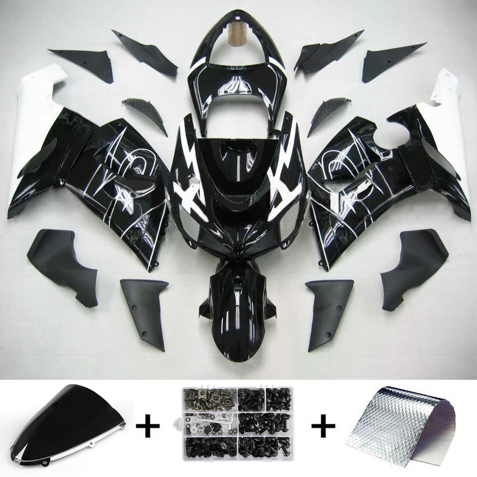 Amotopart Kawasaki 2005-2006 ZX6R 636 Kit de carénage mixte noir blanc