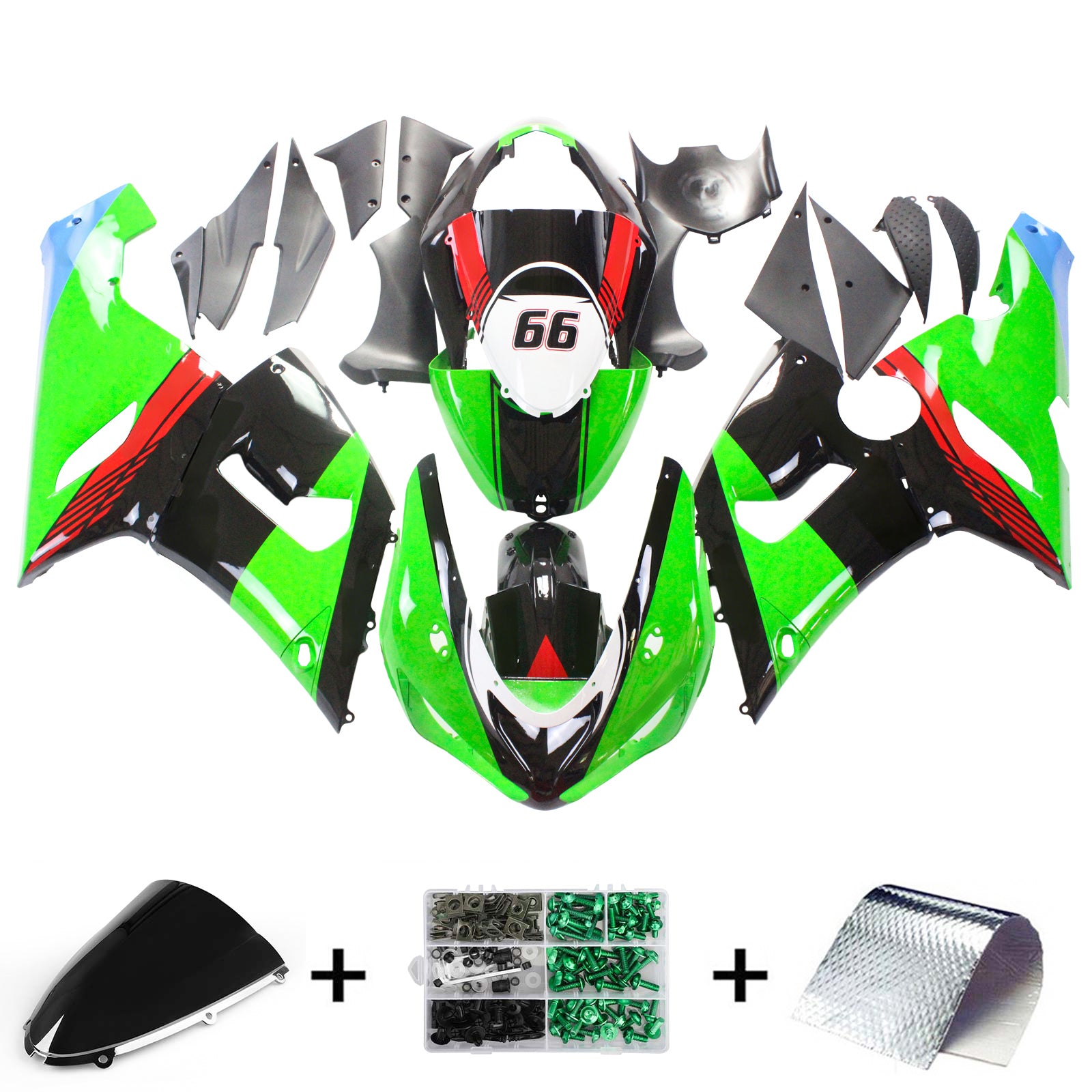 Amotopart Kawasaki 2005-2006 ZX6R 636 Black Mix Green Failing Kit