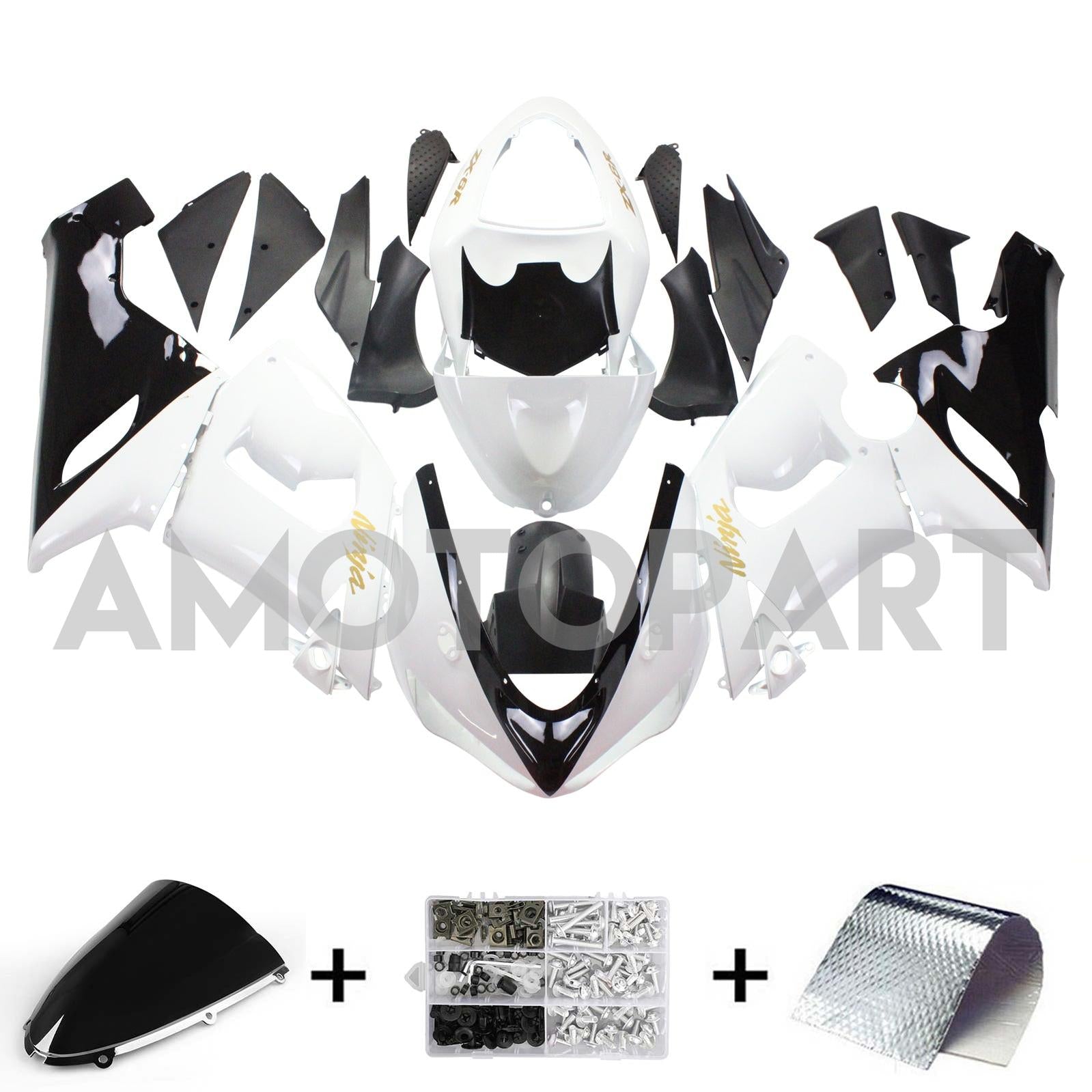 Amotopart Kawasaki 2005-2006 ZX6R 636 White Black Fairing Kit