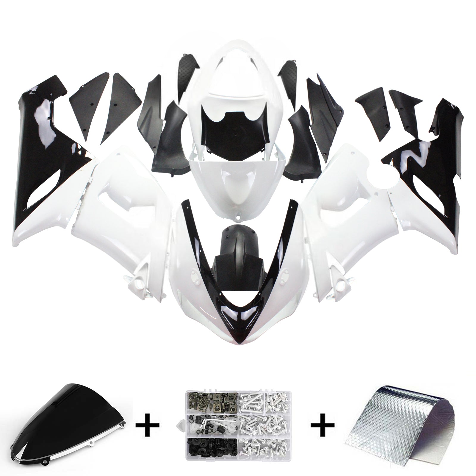 Amotopart Kawasaki 2005-2006 ZX6R 636 White Black Fairing Kit