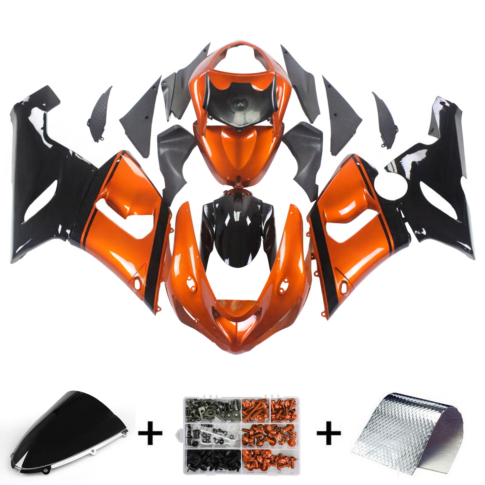 Amotopart Kawasaki 2005-2006 ZX6R 636 Black Orange Mix Fadiling Kit
