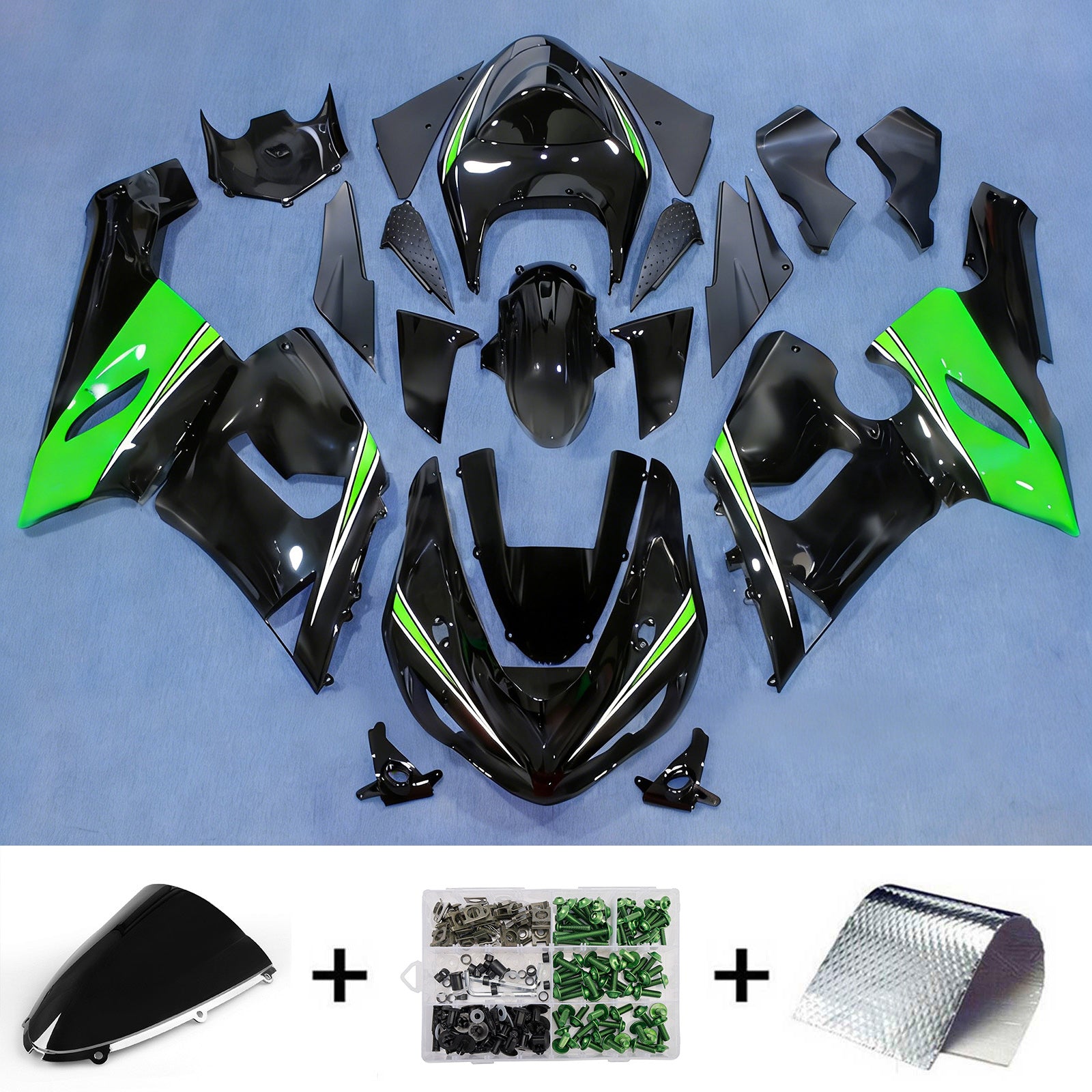 Amotopart 2005-2006 Kawasaki ZX6R 636 Black Green Fairing Kit