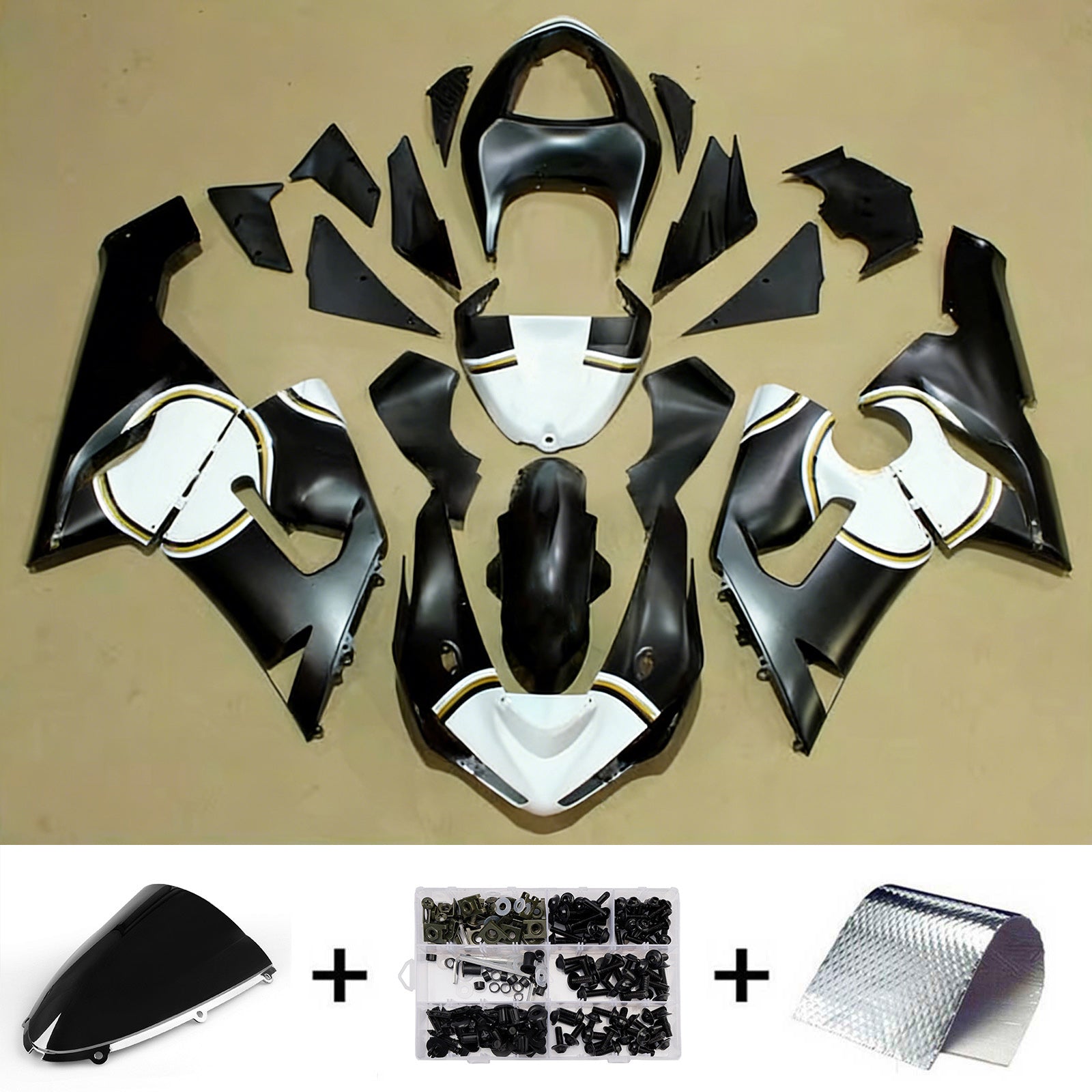 Amotopart 2005-2006 Kawasaki ZX6R 636 Black Gold White Fairing Kit