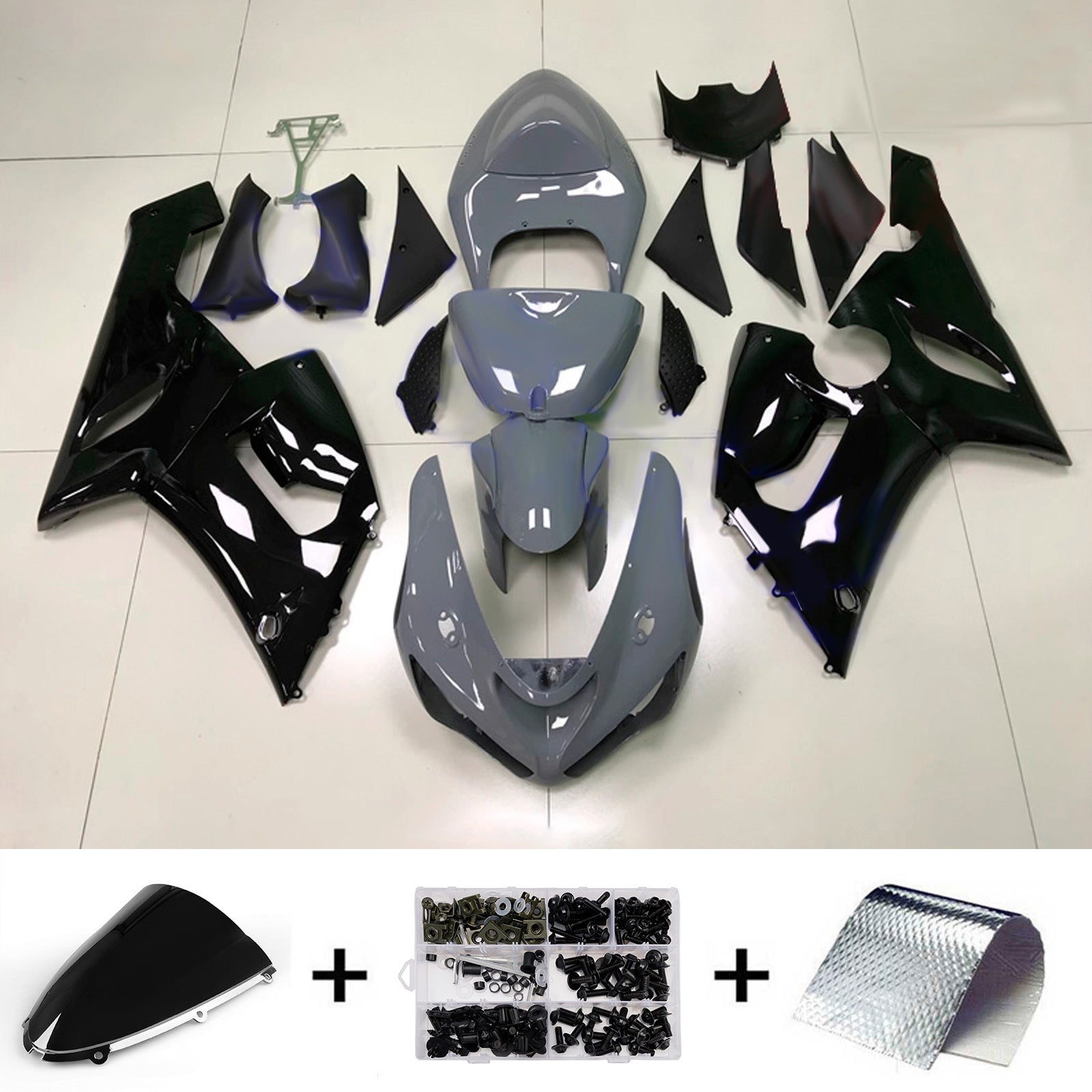 Amotopart 2005-2006 Kawasaki ZX6R 636 Glossy Black Grey Fairing Kit