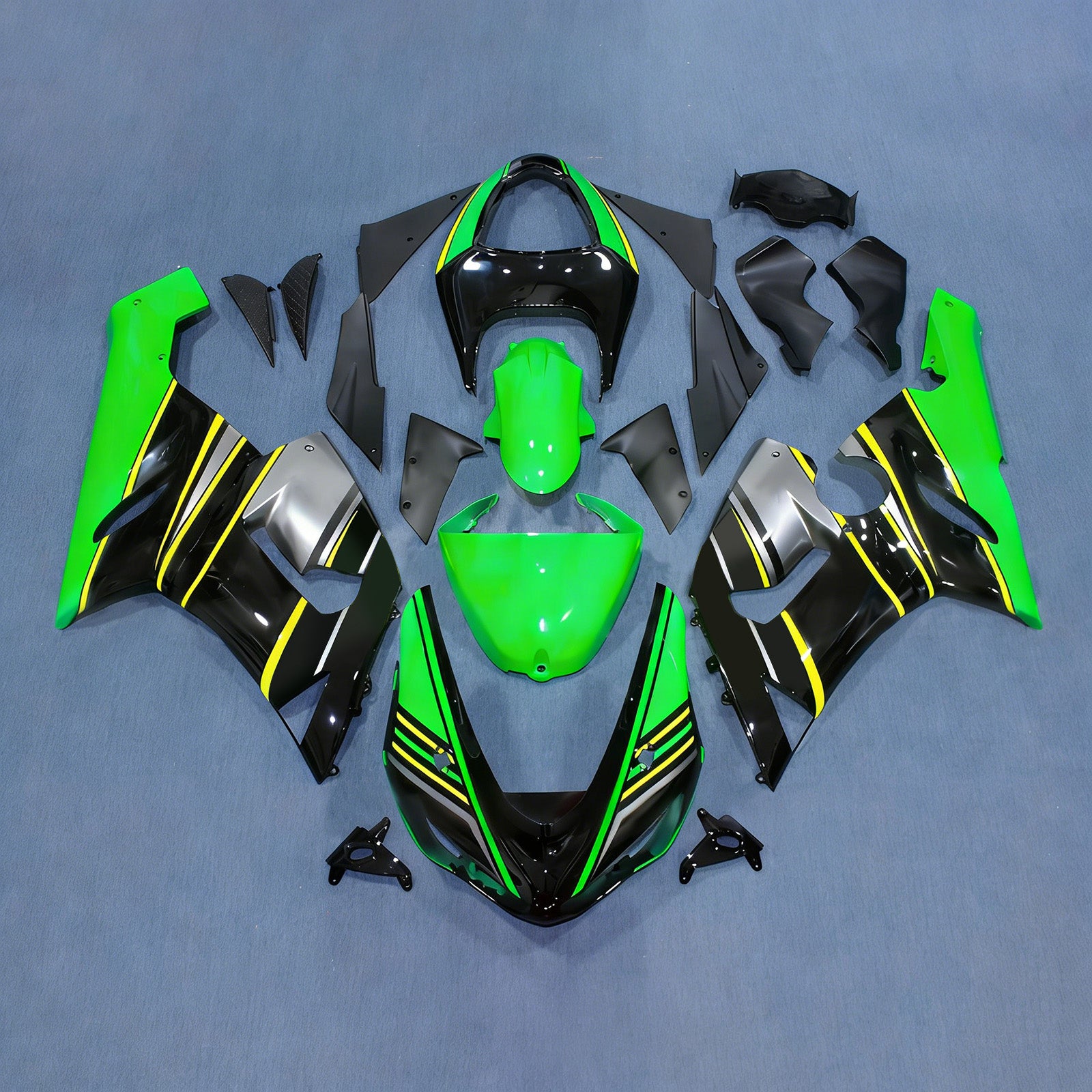 Amotopart 2005–2006 Kawasaki ZX6R 636 Schwarz Grün Gelb Verkleidungsset