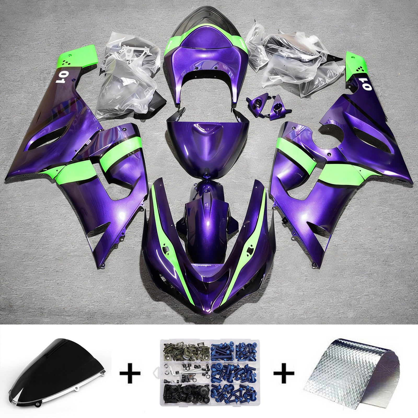 Amotopart 2005-2006 Kawasaki ZX6R 636 パープル グリーン フェアリングキット
