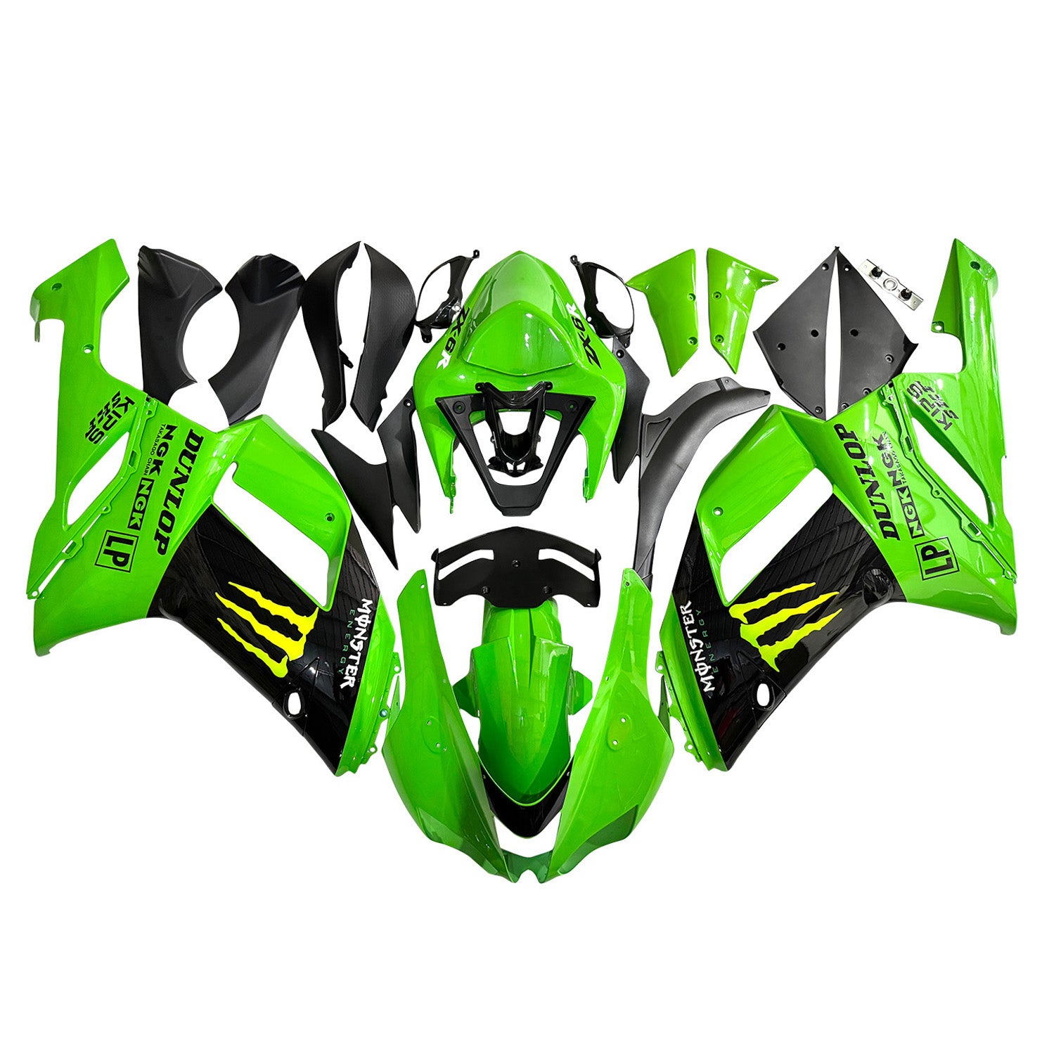 Amotopart 2007-2008 Kawasaki ZX6R 636 Black&Green Monster Fairing Kit